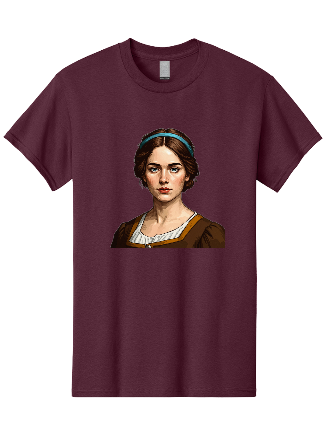 Young-Woman-Portrait-1 Men'S Graphic Tee, 100% Cotton, Comfortable Casual Summer Wear, Machine Washable, Young Woman Portrait, Blue Eyes, Brown Hair, Blue Headband, Brown Dress, White Collar, Renaissance-Inspired Art, Digital Illustration, Bad945 15