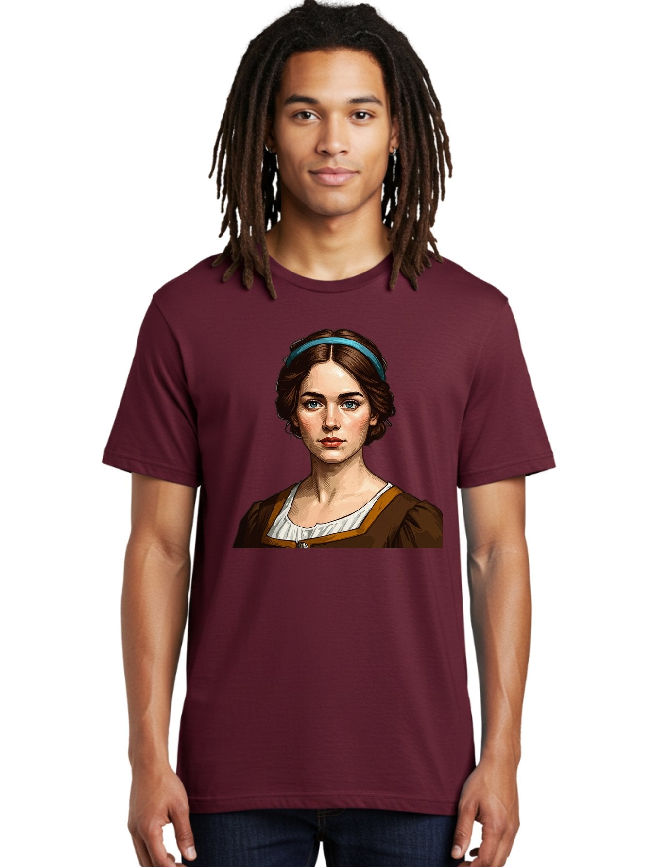 Young-Woman-Portrait-1 Men'S Graphic Tee, 100% Cotton, Comfortable Casual Summer Wear, Machine Washable, Young Woman Portrait, Blue Eyes, Brown Hair, Blue Headband, Brown Dress, White Collar, Renaissance-Inspired Art, Digital Illustration, Bad945 20