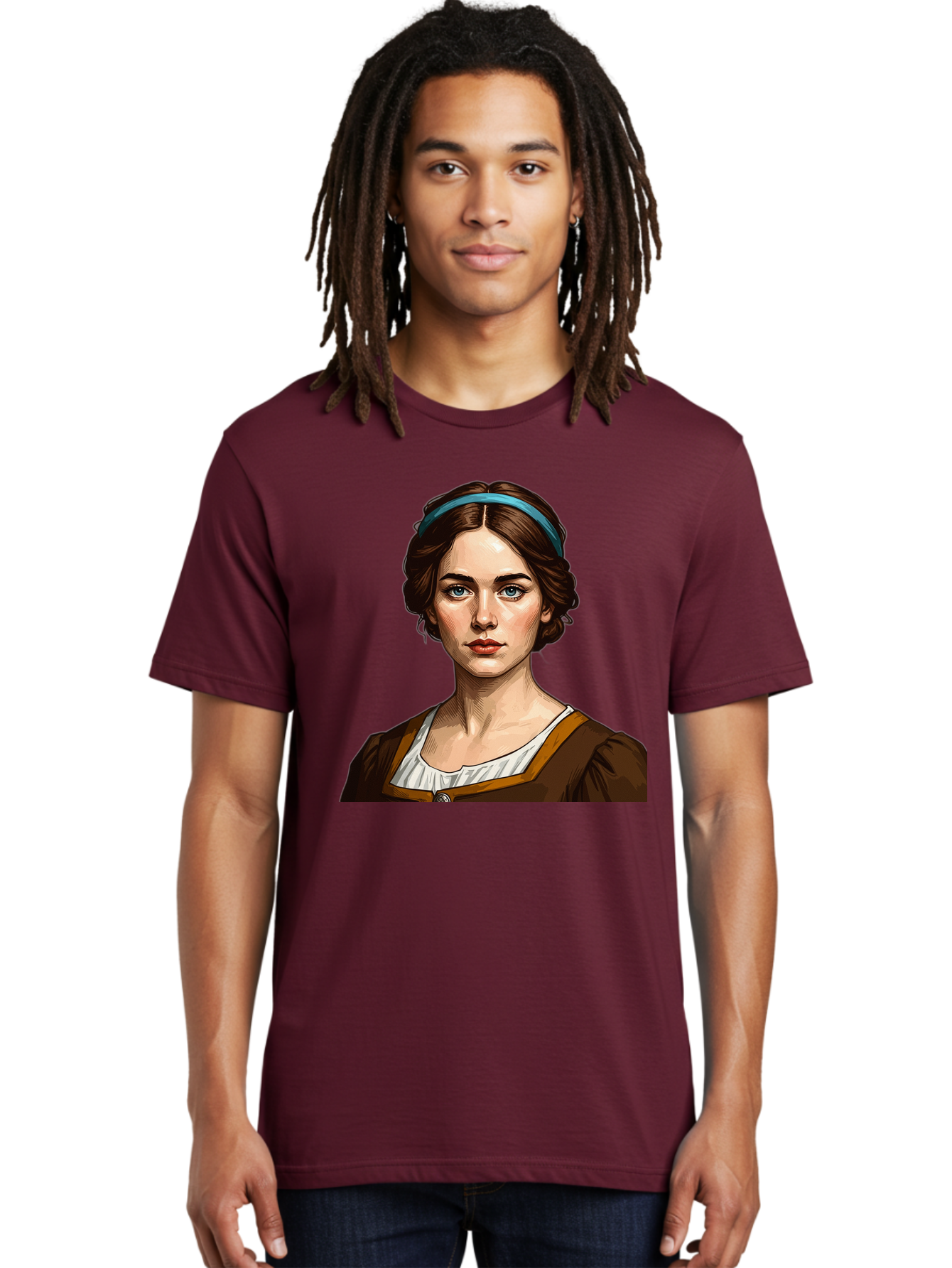 Young-Woman-Portrait-1 Men'S Graphic Tee, 100% Cotton, Comfortable Casual Summer Wear, Machine Washable, Young Woman Portrait, Blue Eyes, Brown Hair, Blue Headband, Brown Dress, White Collar, Renaissance-Inspired Art, Digital Illustration, Bad945 30