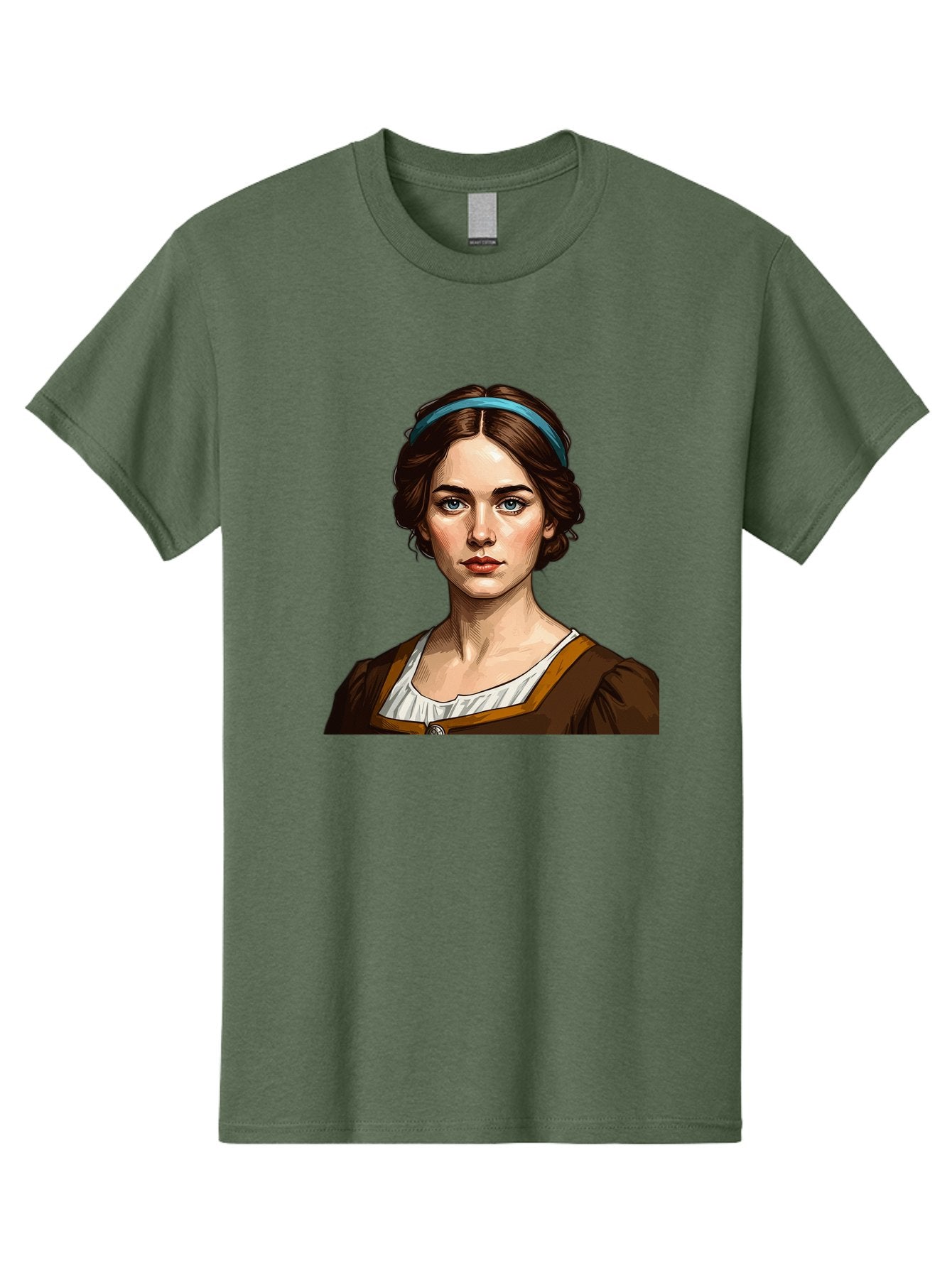 Young-Woman-Portrait-1 Men'S Graphic Tee, 100% Cotton, Comfortable Casual Summer Wear, Machine Washable, Young Woman Portrait, Blue Eyes, Brown Hair, Blue Headband, Brown Dress, White Collar, Renaissance-Inspired Art, Digital Illustration, Bad945 6