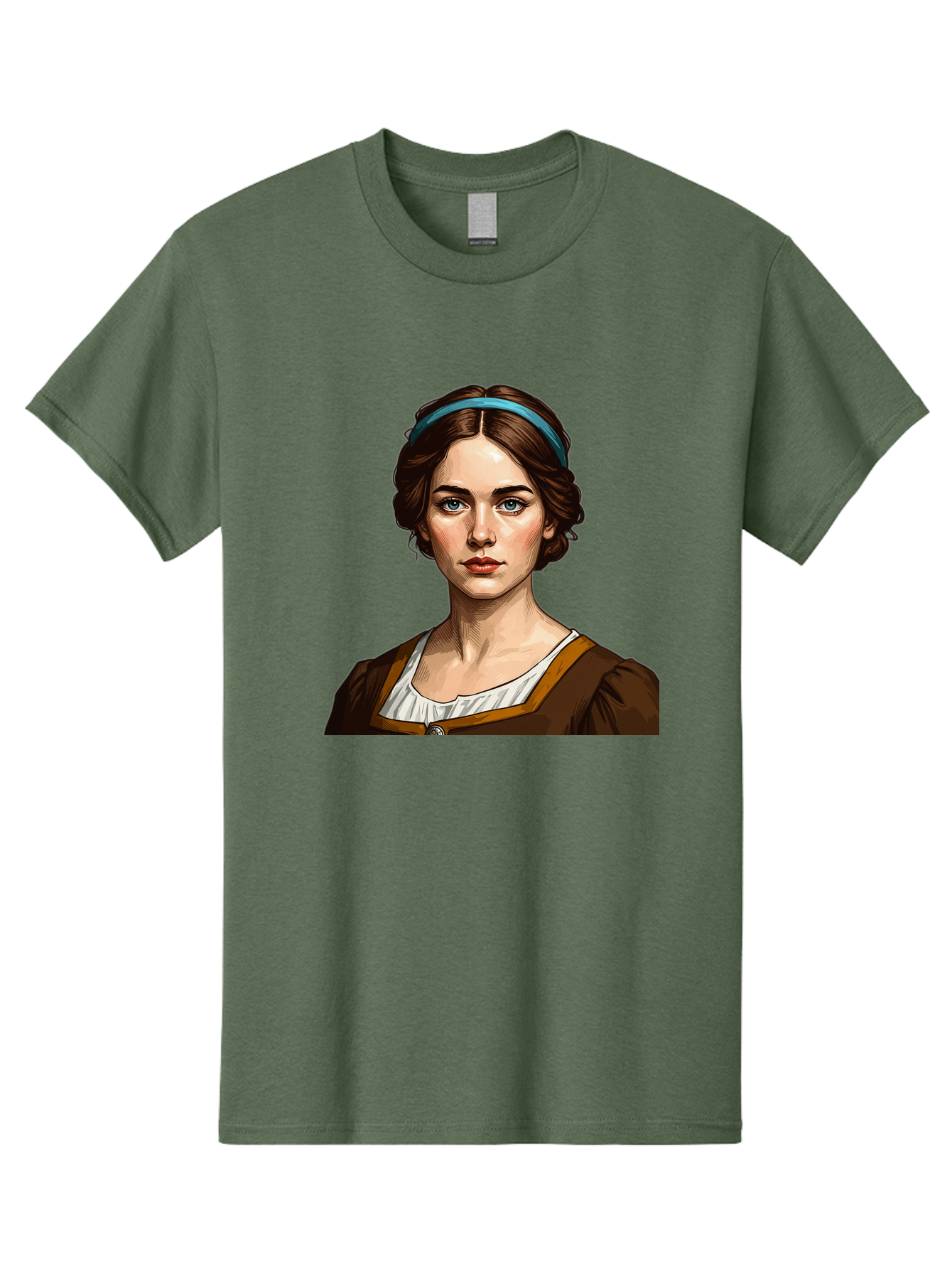 Young-Woman-Portrait-1 Men'S Graphic Tee, 100% Cotton, Comfortable Casual Summer Wear, Machine Washable, Young Woman Portrait, Blue Eyes, Brown Hair, Blue Headband, Brown Dress, White Collar, Renaissance-Inspired Art, Digital Illustration, Bad945 7