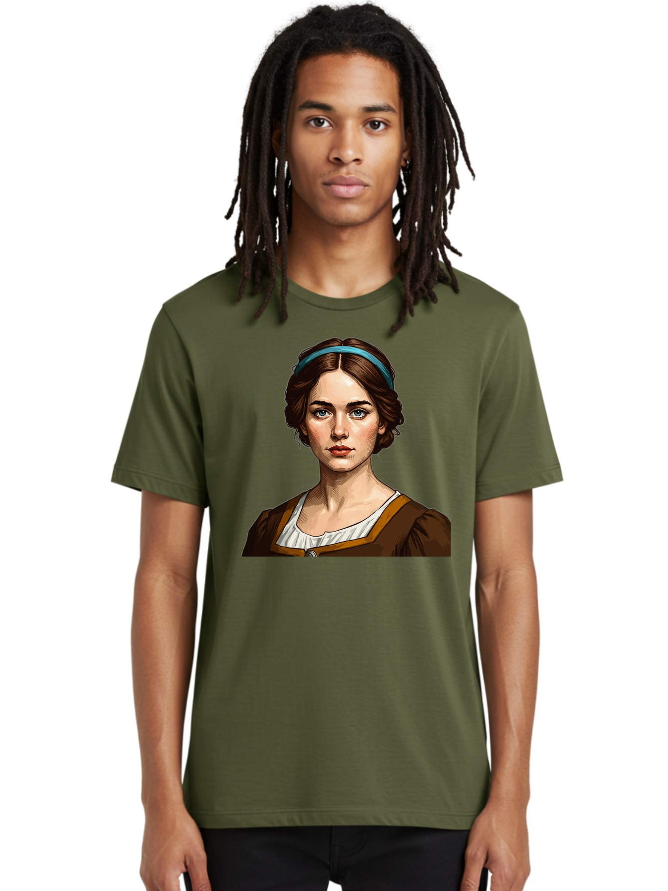 Young-Woman-Portrait-1 Men'S Graphic Tee, 100% Cotton, Comfortable Casual Summer Wear, Machine Washable, Young Woman Portrait, Blue Eyes, Brown Hair, Blue Headband, Brown Dress, White Collar, Renaissance-Inspired Art, Digital Illustration, Bad945 22