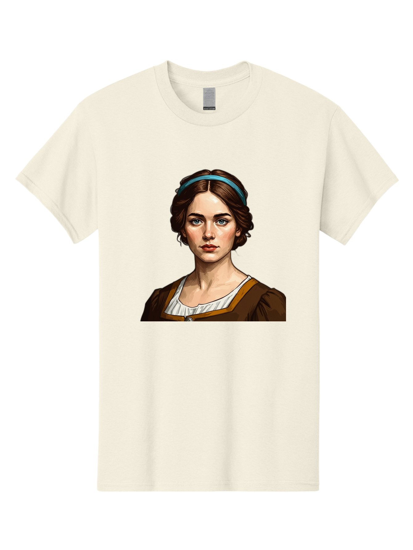Young-Woman-Portrait-1 Men'S Graphic Tee, 100% Cotton, Comfortable Casual Summer Wear, Machine Washable, Young Woman Portrait, Blue Eyes, Brown Hair, Blue Headband, Brown Dress, White Collar, Renaissance-Inspired Art, Digital Illustration, Bad945