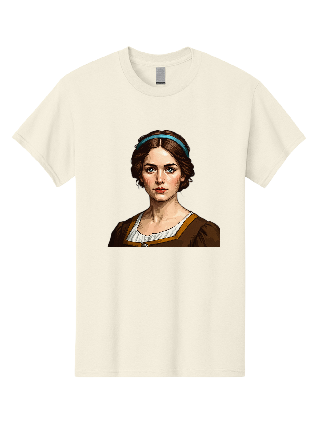 Young-Woman-Portrait-1 Men'S Graphic Tee, 100% Cotton, Comfortable Casual Summer Wear, Machine Washable, Young Woman Portrait, Blue Eyes, Brown Hair, Blue Headband, Brown Dress, White Collar, Renaissance-Inspired Art, Digital Illustration, Bad945 11