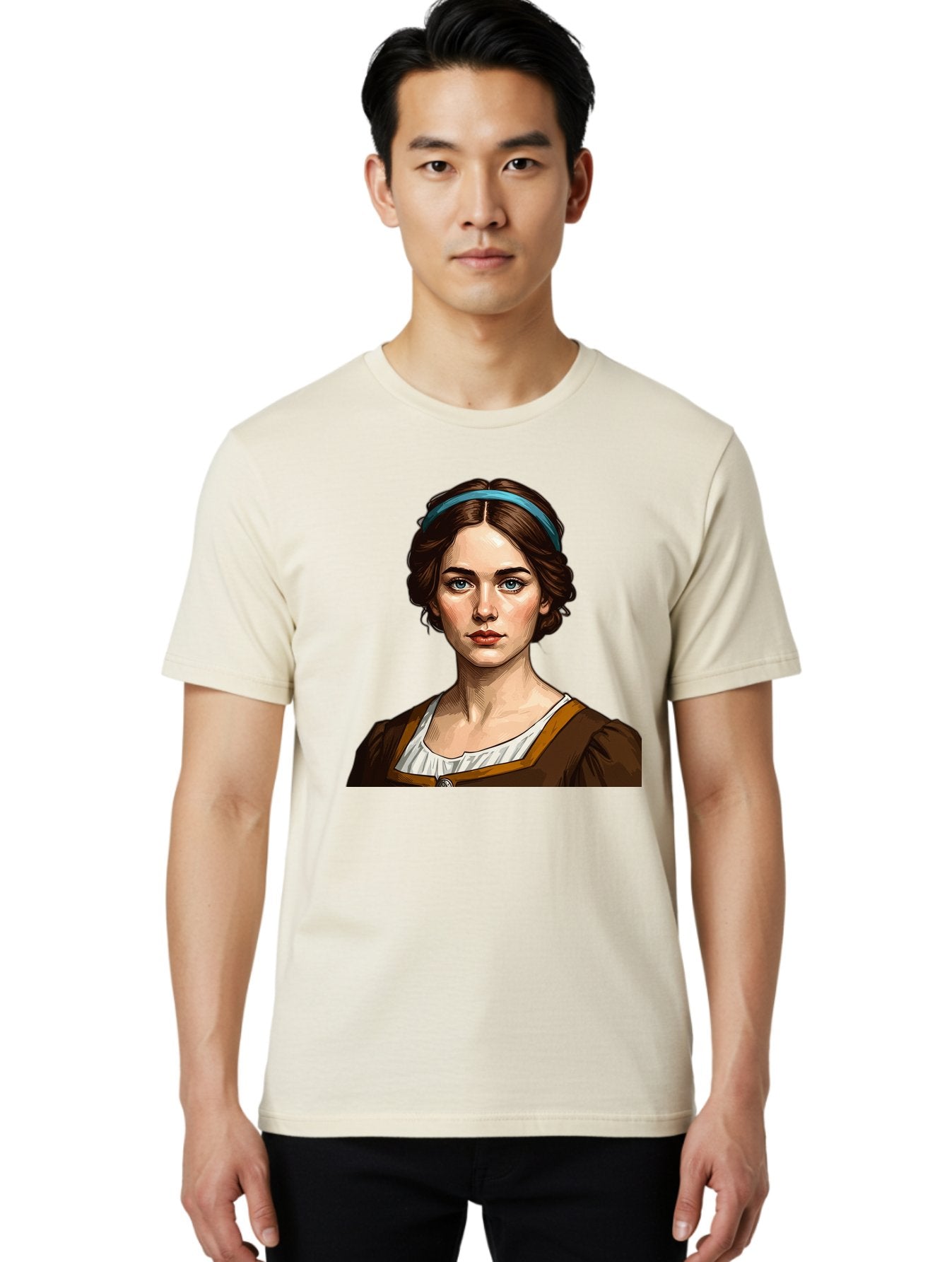 Young-Woman-Portrait-1 Men'S Graphic Tee, 100% Cotton, Comfortable Casual Summer Wear, Machine Washable, Young Woman Portrait, Blue Eyes, Brown Hair, Blue Headband, Brown Dress, White Collar, Renaissance-Inspired Art, Digital Illustration, Bad945 19