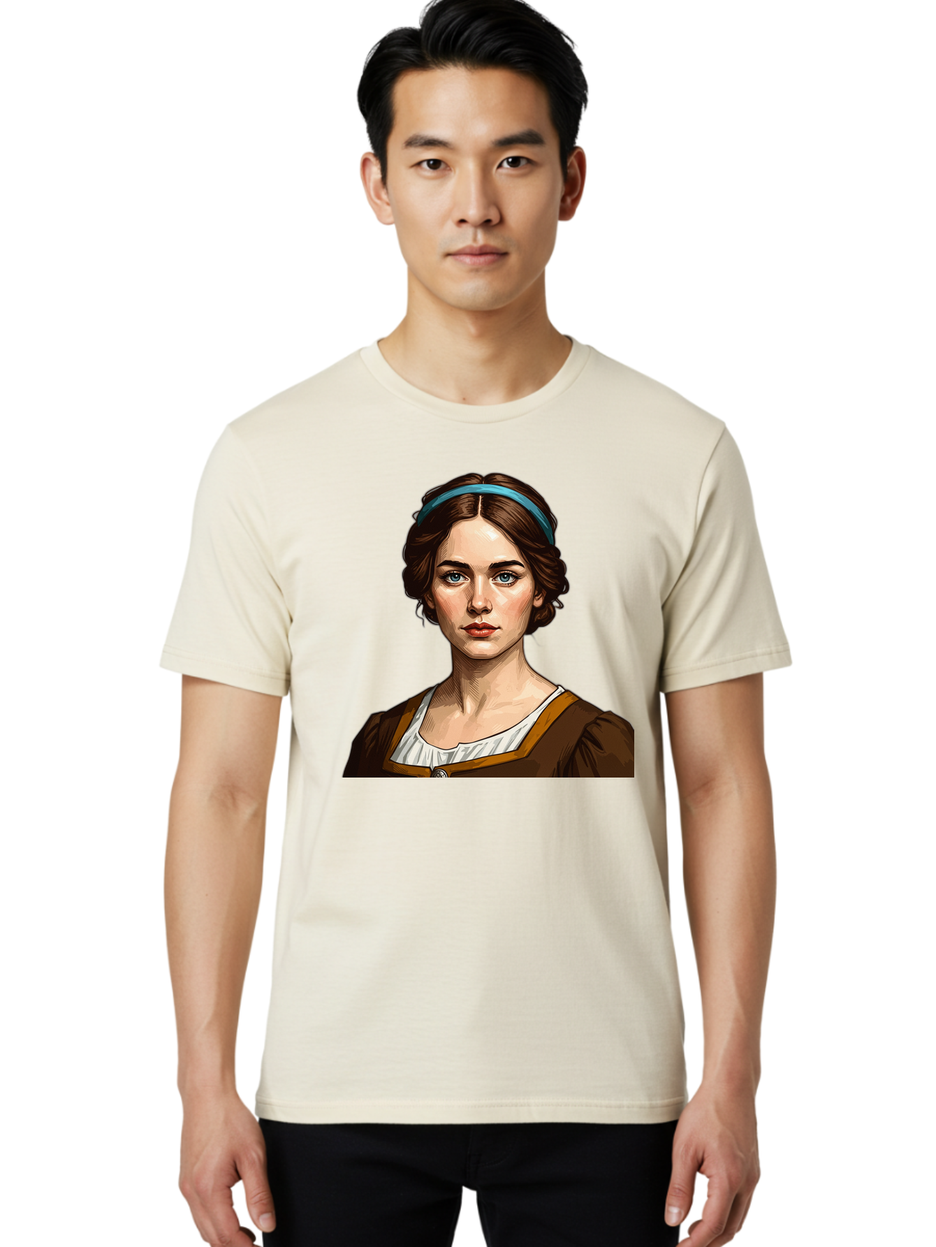 Young-Woman-Portrait-1 Men'S Graphic Tee, 100% Cotton, Comfortable Casual Summer Wear, Machine Washable, Young Woman Portrait, Blue Eyes, Brown Hair, Blue Headband, Brown Dress, White Collar, Renaissance-Inspired Art, Digital Illustration, Bad945 26