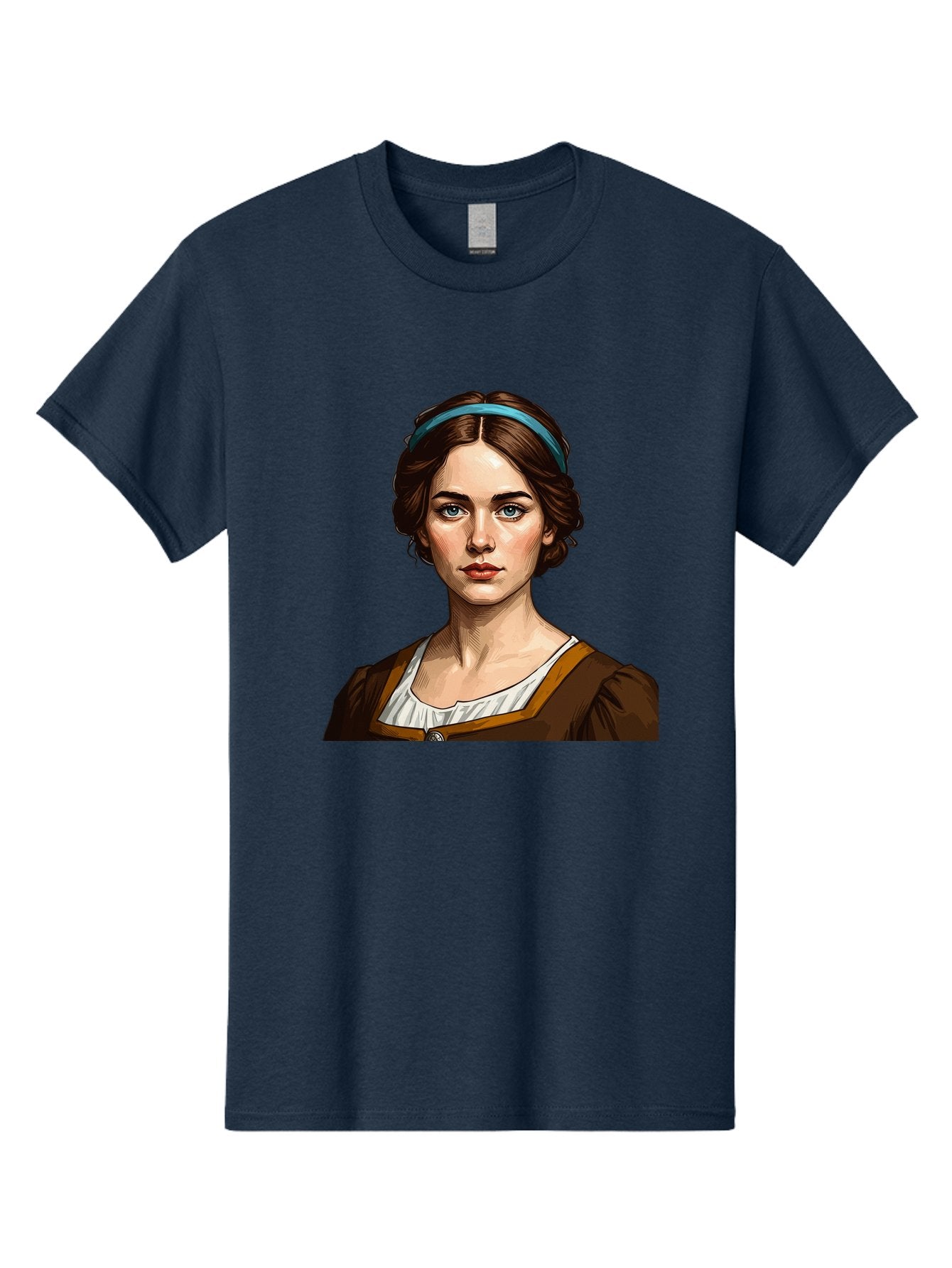 Young-Woman-Portrait-1 Men'S Graphic Tee, 100% Cotton, Comfortable Casual Summer Wear, Machine Washable, Young Woman Portrait, Blue Eyes, Brown Hair, Blue Headband, Brown Dress, White Collar, Renaissance-Inspired Art, Digital Illustration, Bad945 5