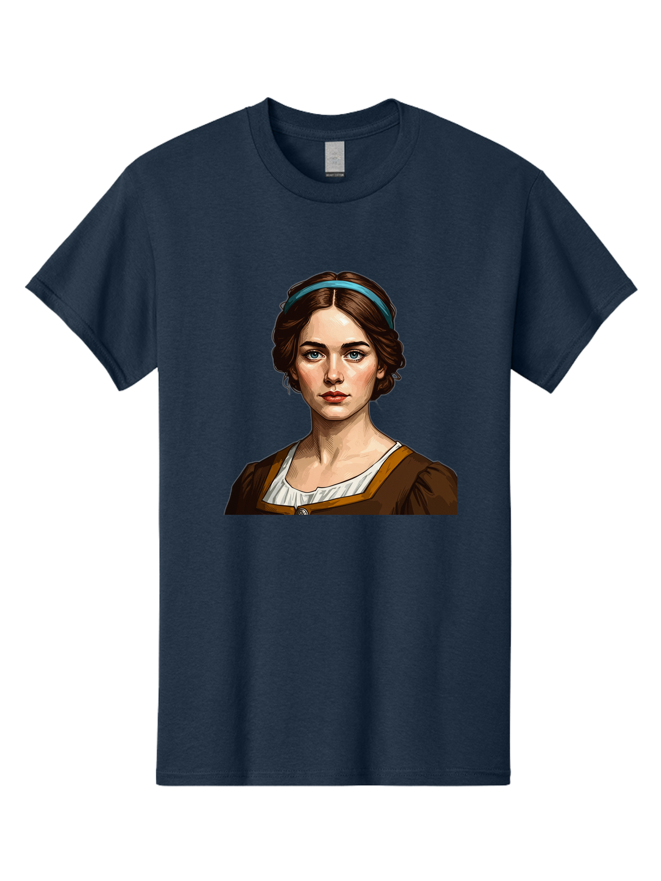 Young-Woman-Portrait-1 Men'S Graphic Tee, 100% Cotton, Comfortable Casual Summer Wear, Machine Washable, Young Woman Portrait, Blue Eyes, Brown Hair, Blue Headband, Brown Dress, White Collar, Renaissance-Inspired Art, Digital Illustration, Bad945 8