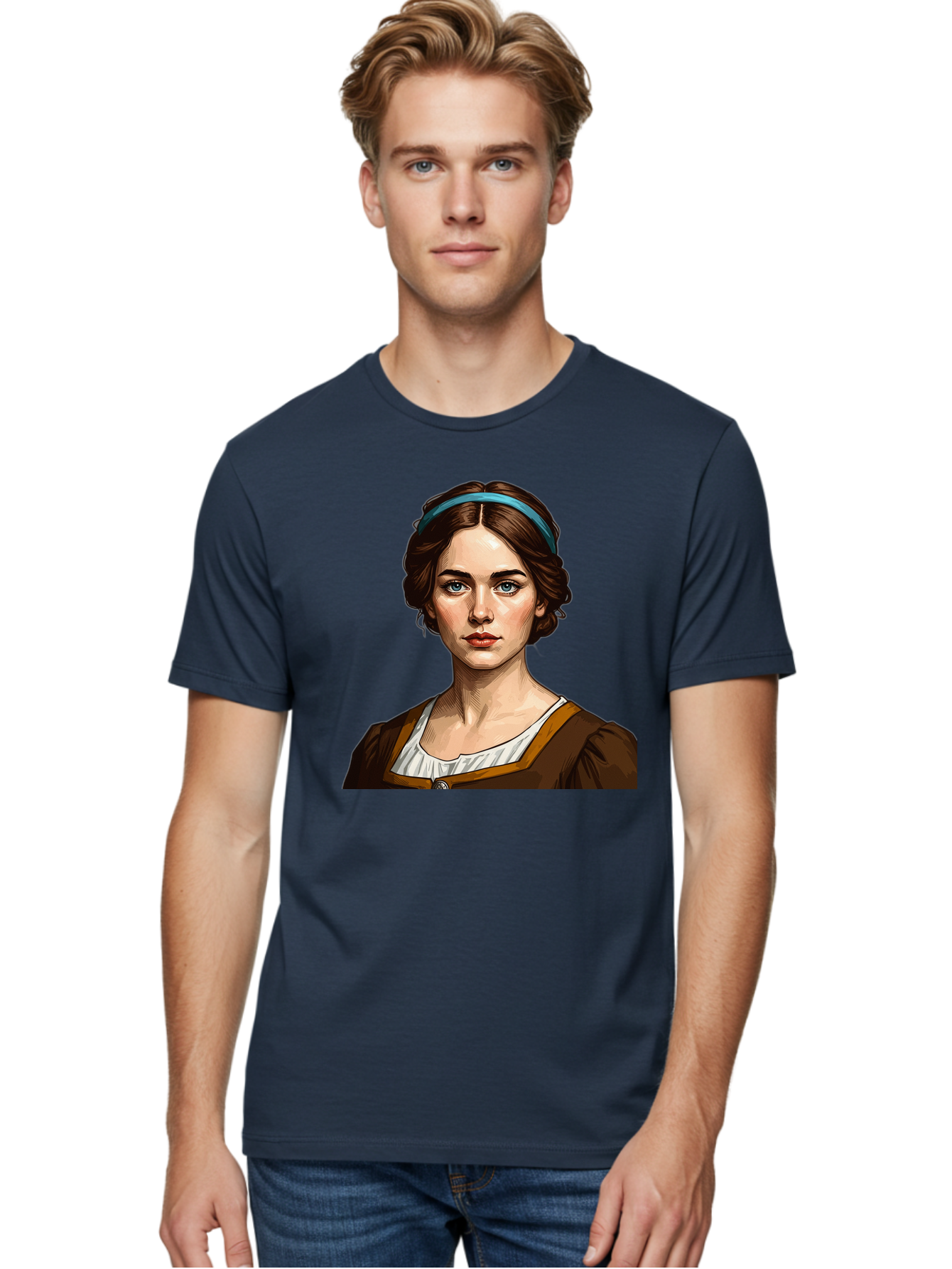 Young-Woman-Portrait-1 Men'S Graphic Tee, 100% Cotton, Comfortable Casual Summer Wear, Machine Washable, Young Woman Portrait, Blue Eyes, Brown Hair, Blue Headband, Brown Dress, White Collar, Renaissance-Inspired Art, Digital Illustration, Bad945 23