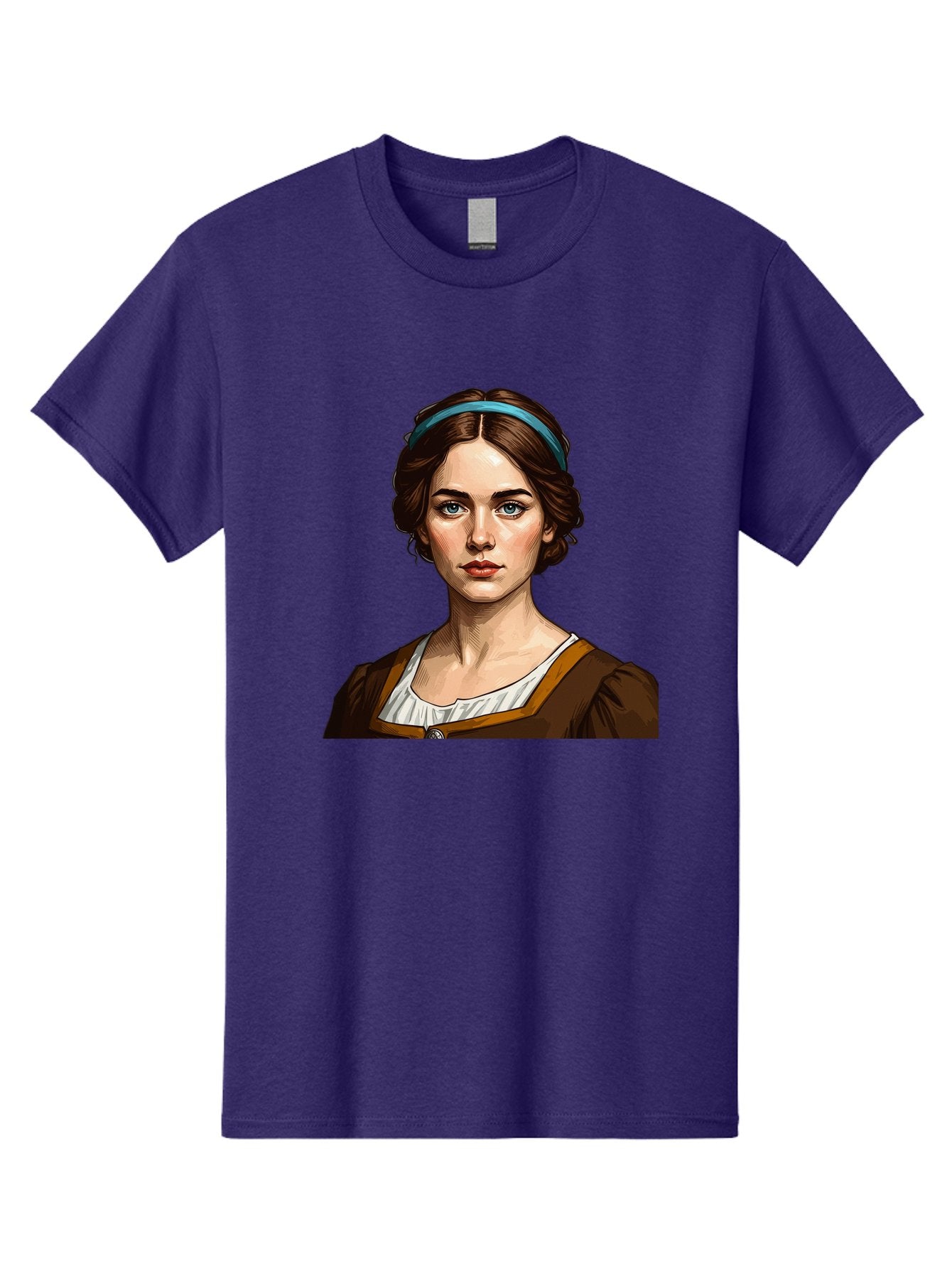 Young-Woman-Portrait-1 Men'S Graphic Tee, 100% Cotton, Comfortable Casual Summer Wear, Machine Washable, Young Woman Portrait, Blue Eyes, Brown Hair, Blue Headband, Brown Dress, White Collar, Renaissance-Inspired Art, Digital Illustration, Bad945 4