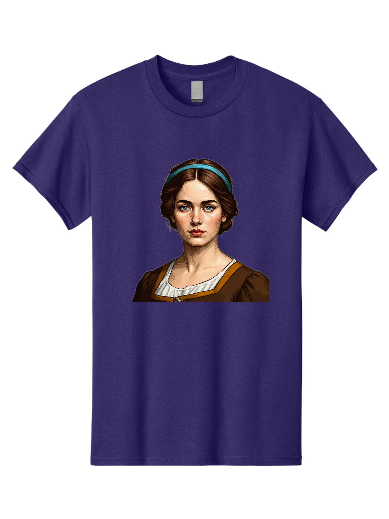 Young-Woman-Portrait-1 Men'S Graphic Tee, 100% Cotton, Comfortable Casual Summer Wear, Machine Washable, Young Woman Portrait, Blue Eyes, Brown Hair, Blue Headband, Brown Dress, White Collar, Renaissance-Inspired Art, Digital Illustration, Bad945 12