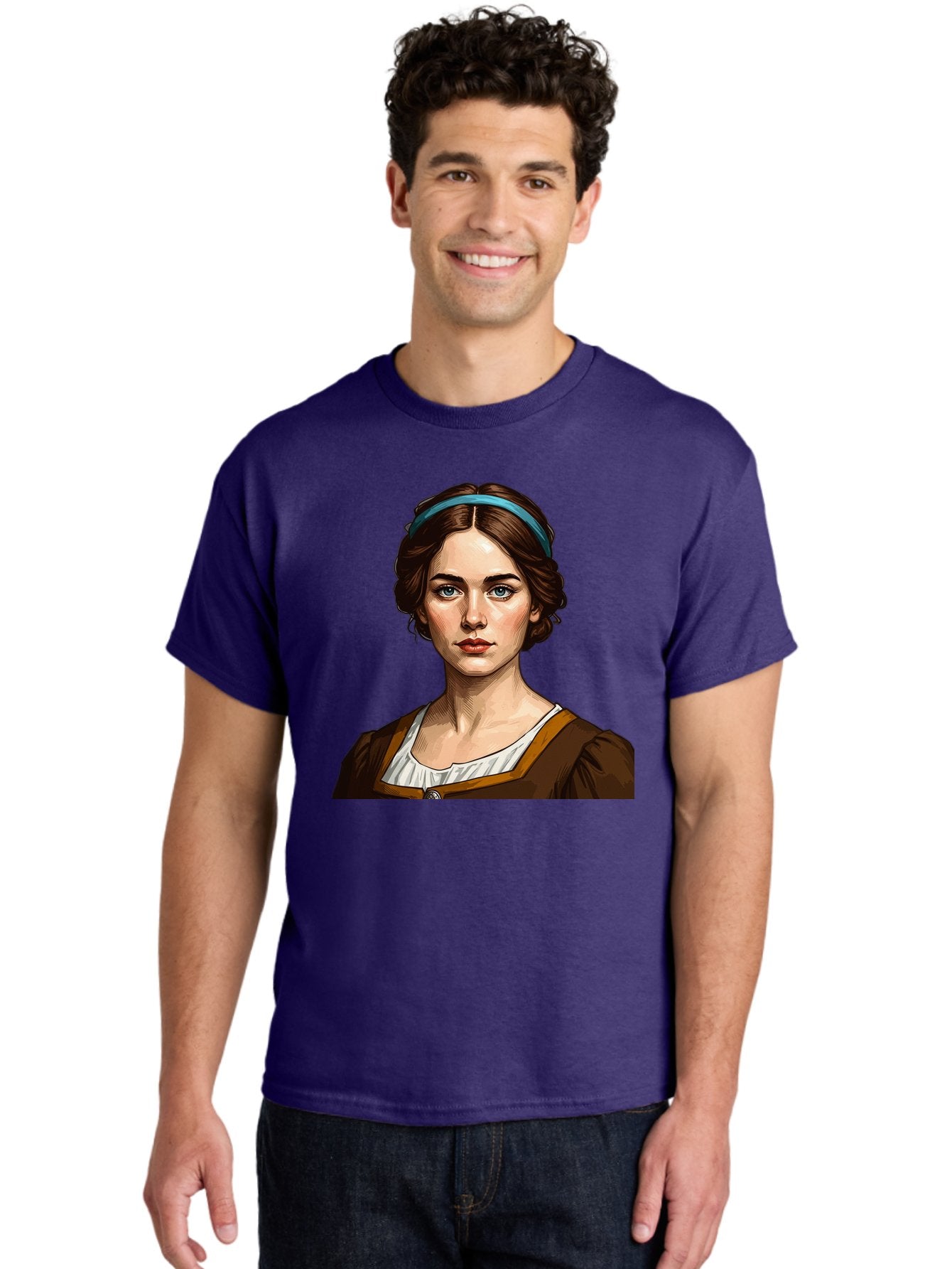 Young-Woman-Portrait-1 Men'S Graphic Tee, 100% Cotton, Comfortable Casual Summer Wear, Machine Washable, Young Woman Portrait, Blue Eyes, Brown Hair, Blue Headband, Brown Dress, White Collar, Renaissance-Inspired Art, Digital Illustration, Bad945 18
