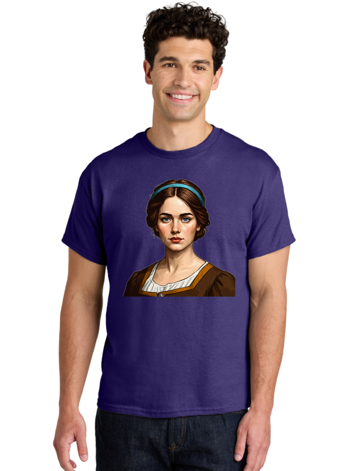 Young-Woman-Portrait-1 Men'S Graphic Tee, 100% Cotton, Comfortable Casual Summer Wear, Machine Washable, Young Woman Portrait, Blue Eyes, Brown Hair, Blue Headband, Brown Dress, White Collar, Renaissance-Inspired Art, Digital Illustration, Bad945 27