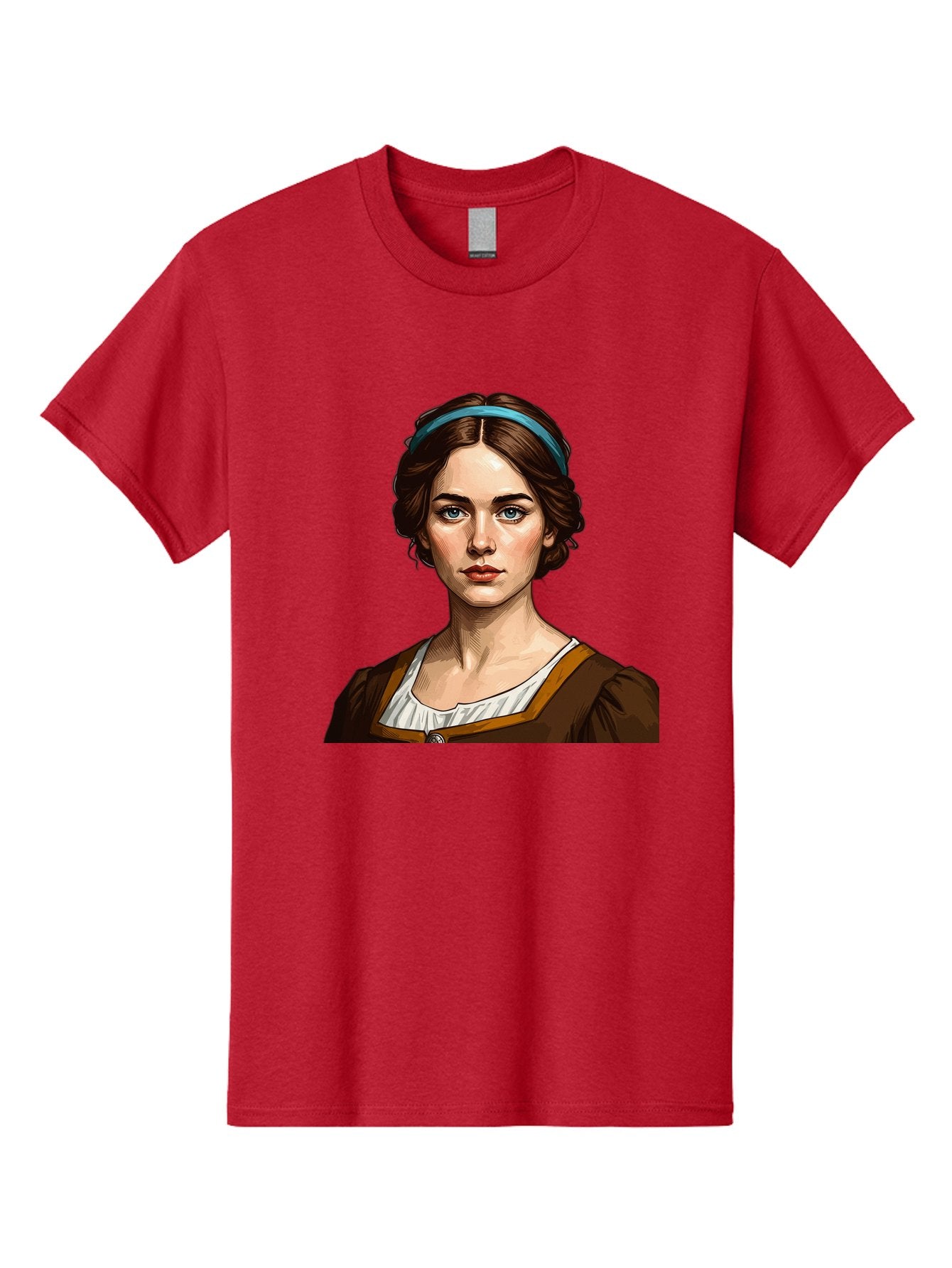 Young-Woman-Portrait-1 Men'S Graphic Tee, 100% Cotton, Comfortable Casual Summer Wear, Machine Washable, Young Woman Portrait, Blue Eyes, Brown Hair, Blue Headband, Brown Dress, White Collar, Renaissance-Inspired Art, Digital Illustration, Bad945 8