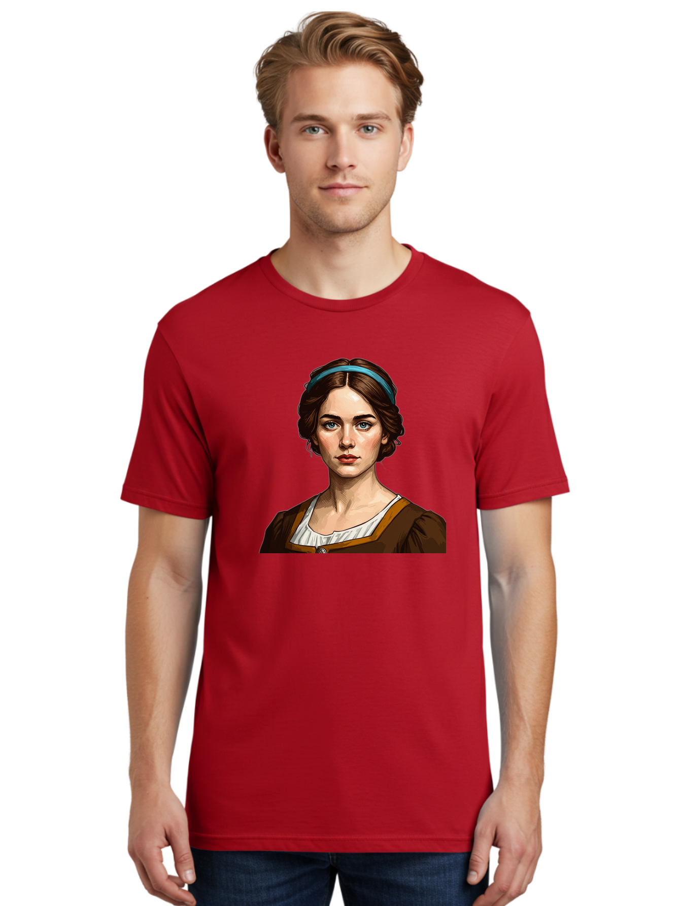 Young-Woman-Portrait-1 Men'S Graphic Tee, 100% Cotton, Comfortable Casual Summer Wear, Machine Washable, Young Woman Portrait, Blue Eyes, Brown Hair, Blue Headband, Brown Dress, White Collar, Renaissance-Inspired Art, Digital Illustration, Bad945 21