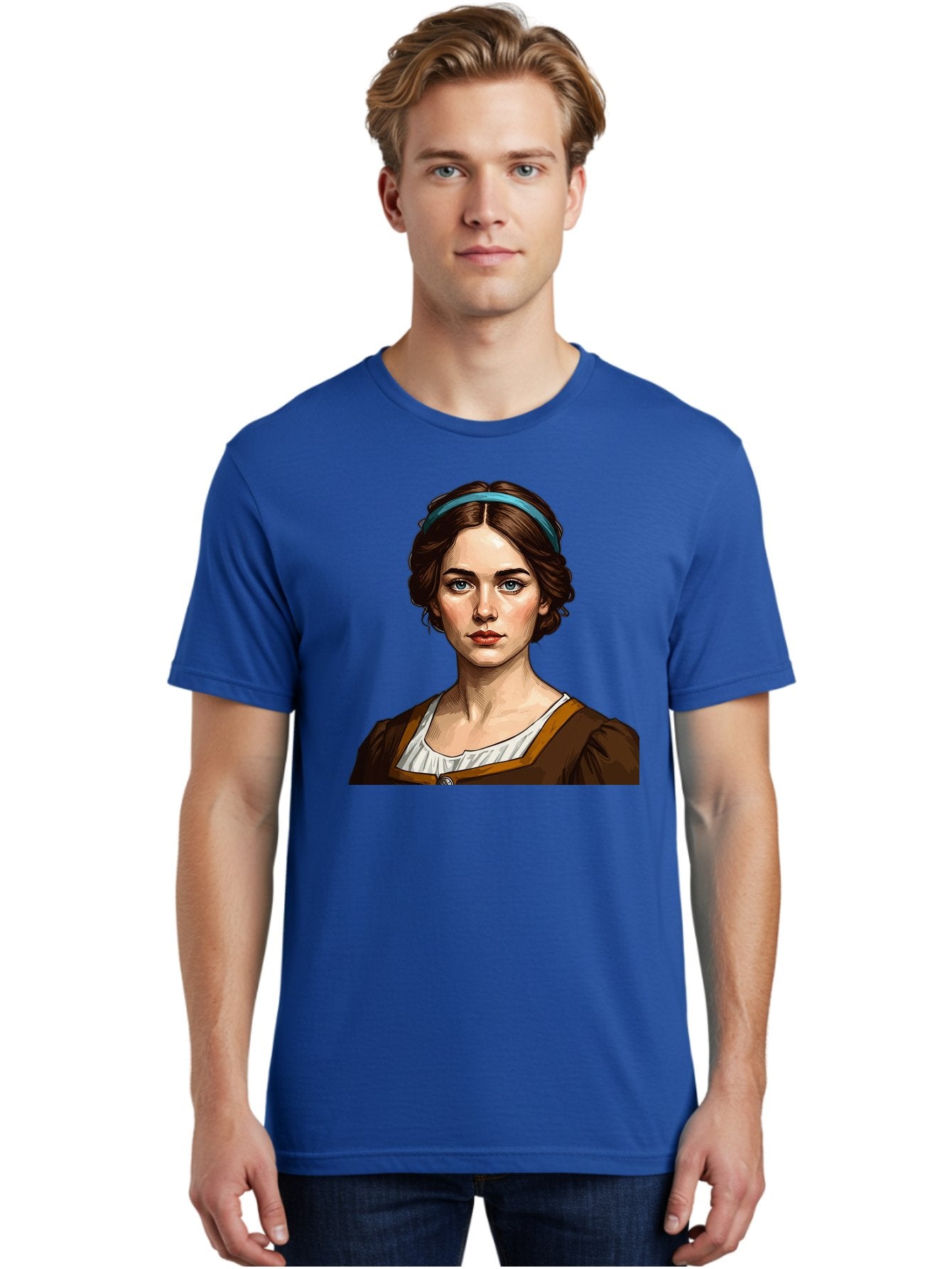 Young-Woman-Portrait-1 Men'S Graphic Tee, 100% Cotton, Comfortable Casual Summer Wear, Machine Washable, Young Woman Portrait, Blue Eyes, Brown Hair, Blue Headband, Brown Dress, White Collar, Renaissance-Inspired Art, Digital Illustration, Bad945 30