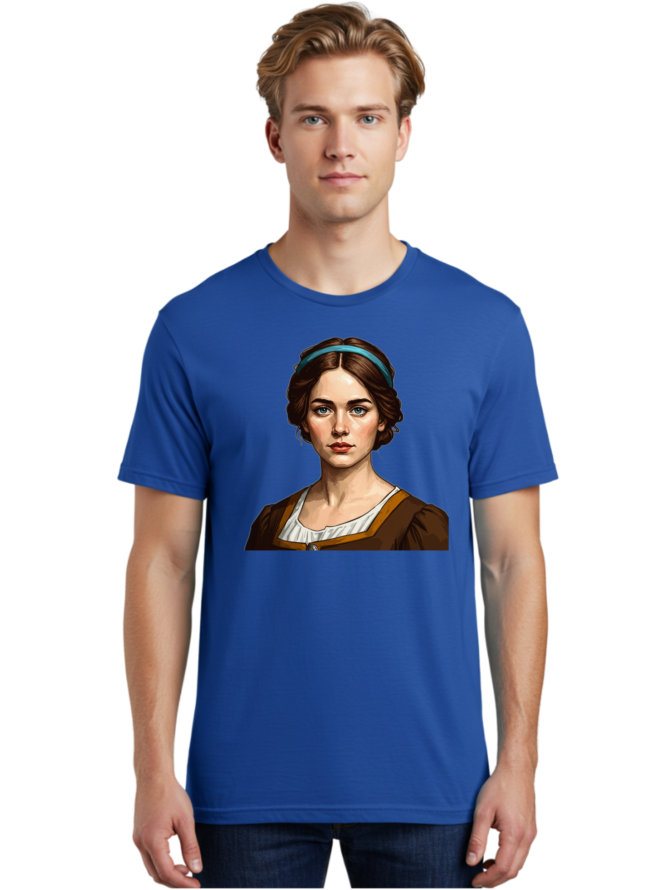 Young-Woman-Portrait-1 Men'S Graphic Tee, 100% Cotton, Comfortable Casual Summer Wear, Machine Washable, Young Woman Portrait, Blue Eyes, Brown Hair, Blue Headband, Brown Dress, White Collar, Renaissance-Inspired Art, Digital Illustration, Bad945 16