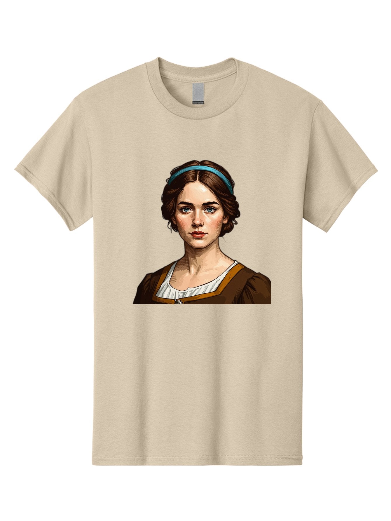 Young-Woman-Portrait-1 Men'S Graphic Tee, 100% Cotton, Comfortable Casual Summer Wear, Machine Washable, Young Woman Portrait, Blue Eyes, Brown Hair, Blue Headband, Brown Dress, White Collar, Renaissance-Inspired Art, Digital Illustration, Bad945 14