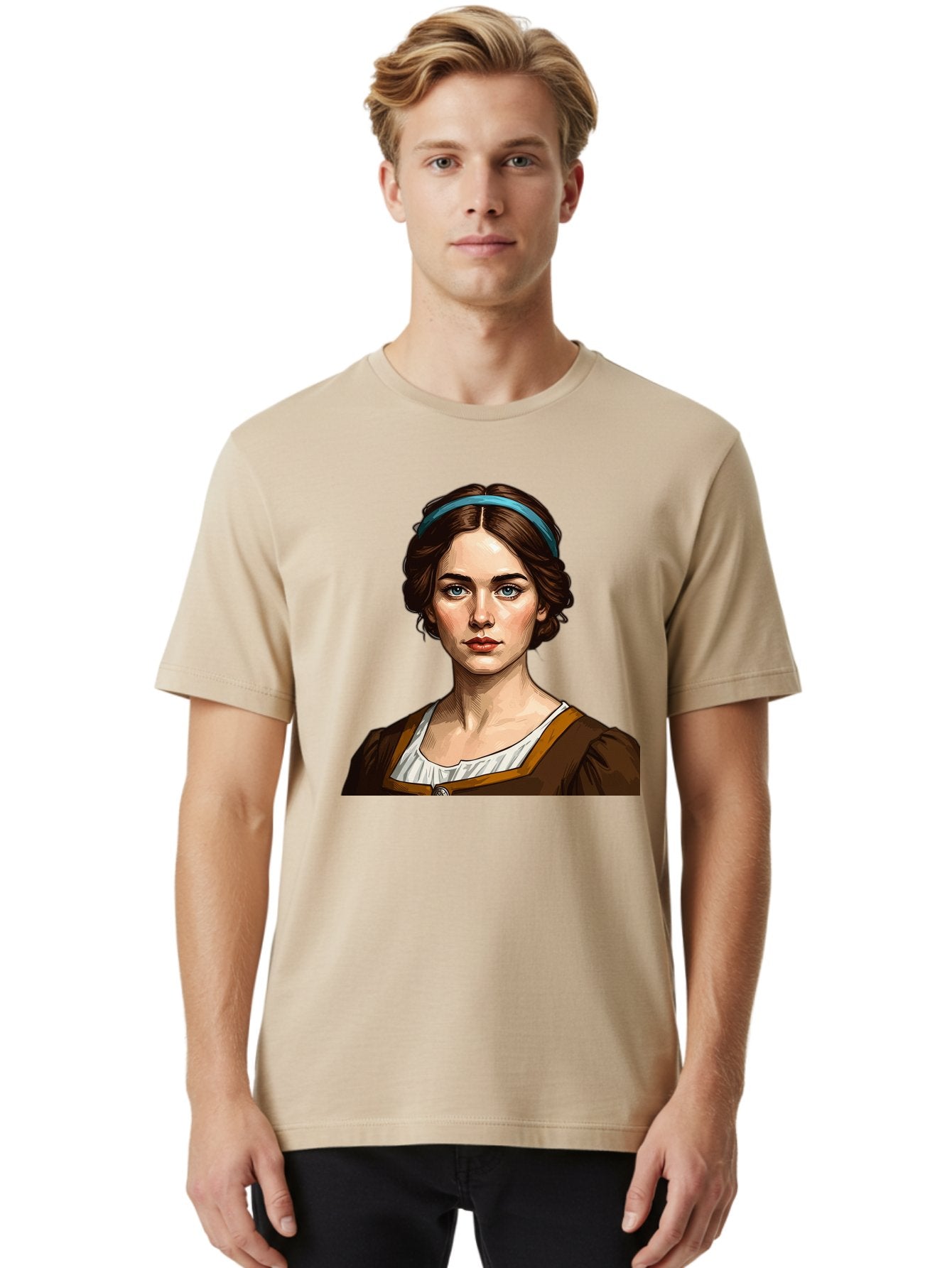 Young-Woman-Portrait-1 Men'S Graphic Tee, 100% Cotton, Comfortable Casual Summer Wear, Machine Washable, Young Woman Portrait, Blue Eyes, Brown Hair, Blue Headband, Brown Dress, White Collar, Renaissance-Inspired Art, Digital Illustration, Bad945 29