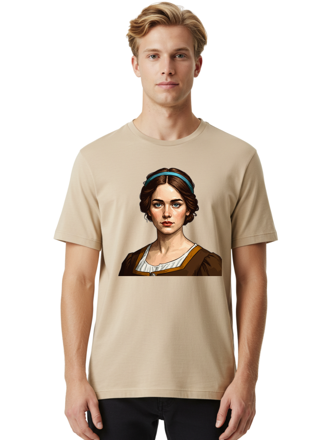 Young-Woman-Portrait-1 Men'S Graphic Tee, 100% Cotton, Comfortable Casual Summer Wear, Machine Washable, Young Woman Portrait, Blue Eyes, Brown Hair, Blue Headband, Brown Dress, White Collar, Renaissance-Inspired Art, Digital Illustration, Bad945 17