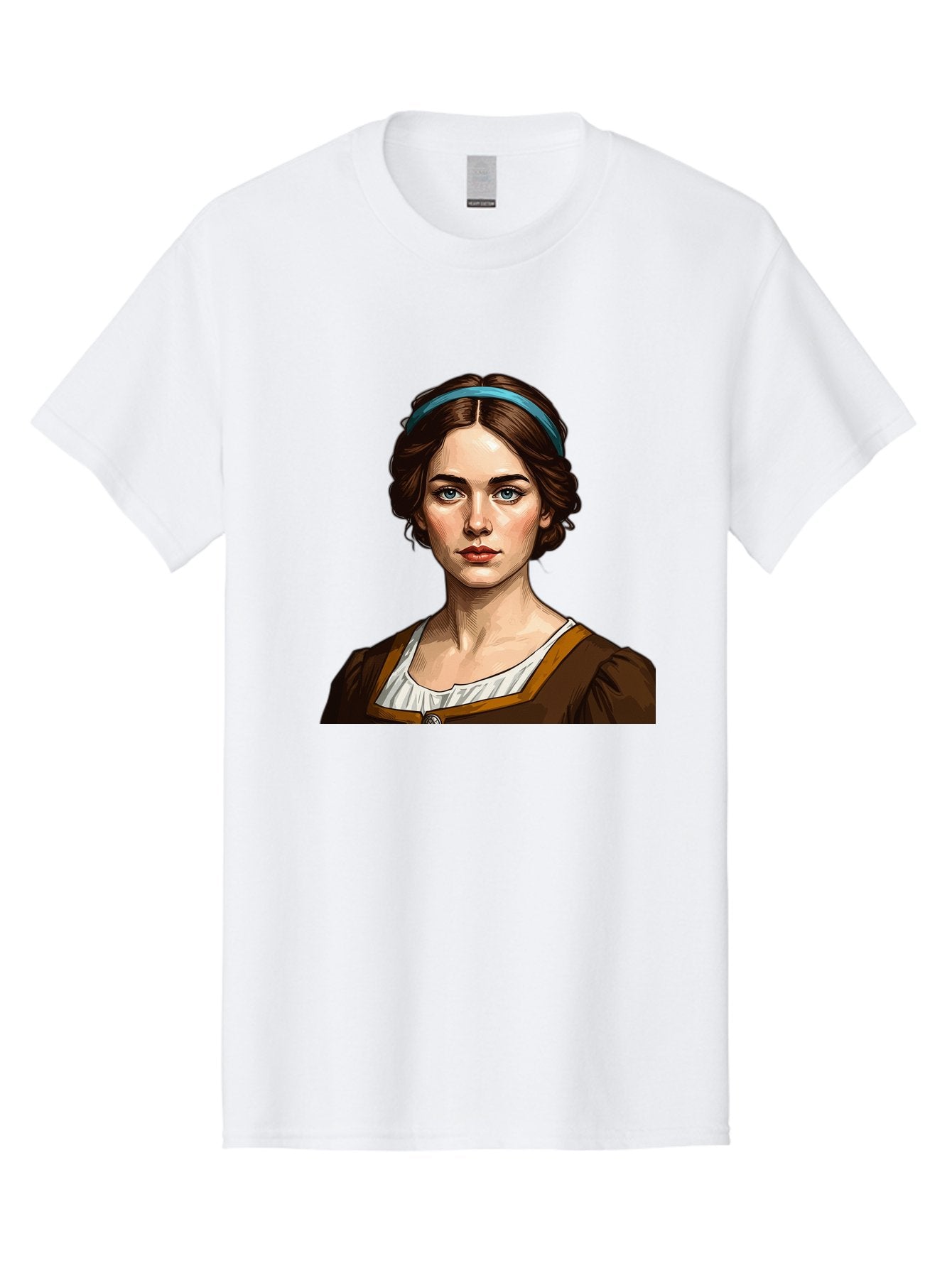 Young-Woman-Portrait-1 Men'S Graphic Tee, 100% Cotton, Comfortable Casual Summer Wear, Machine Washable, Young Woman Portrait, Blue Eyes, Brown Hair, Blue Headband, Brown Dress, White Collar, Renaissance-Inspired Art, Digital Illustration, Bad945