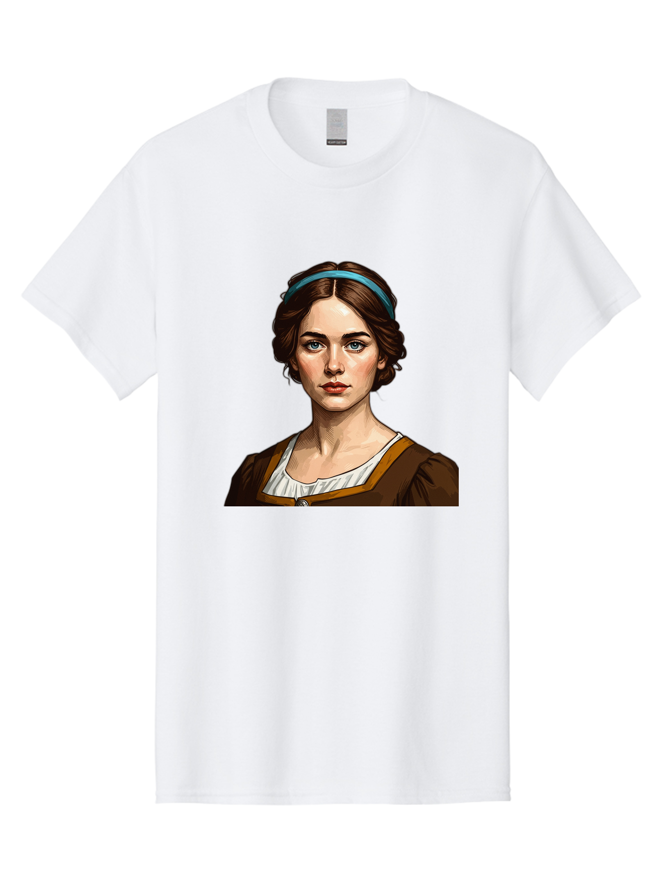 Young-Woman-Portrait-1 Men'S Graphic Tee, 100% Cotton, Comfortable Casual Summer Wear, Machine Washable, Young Woman Portrait, Blue Eyes, Brown Hair, Blue Headband, Brown Dress, White Collar, Renaissance-Inspired Art, Digital Illustration, Bad945 10