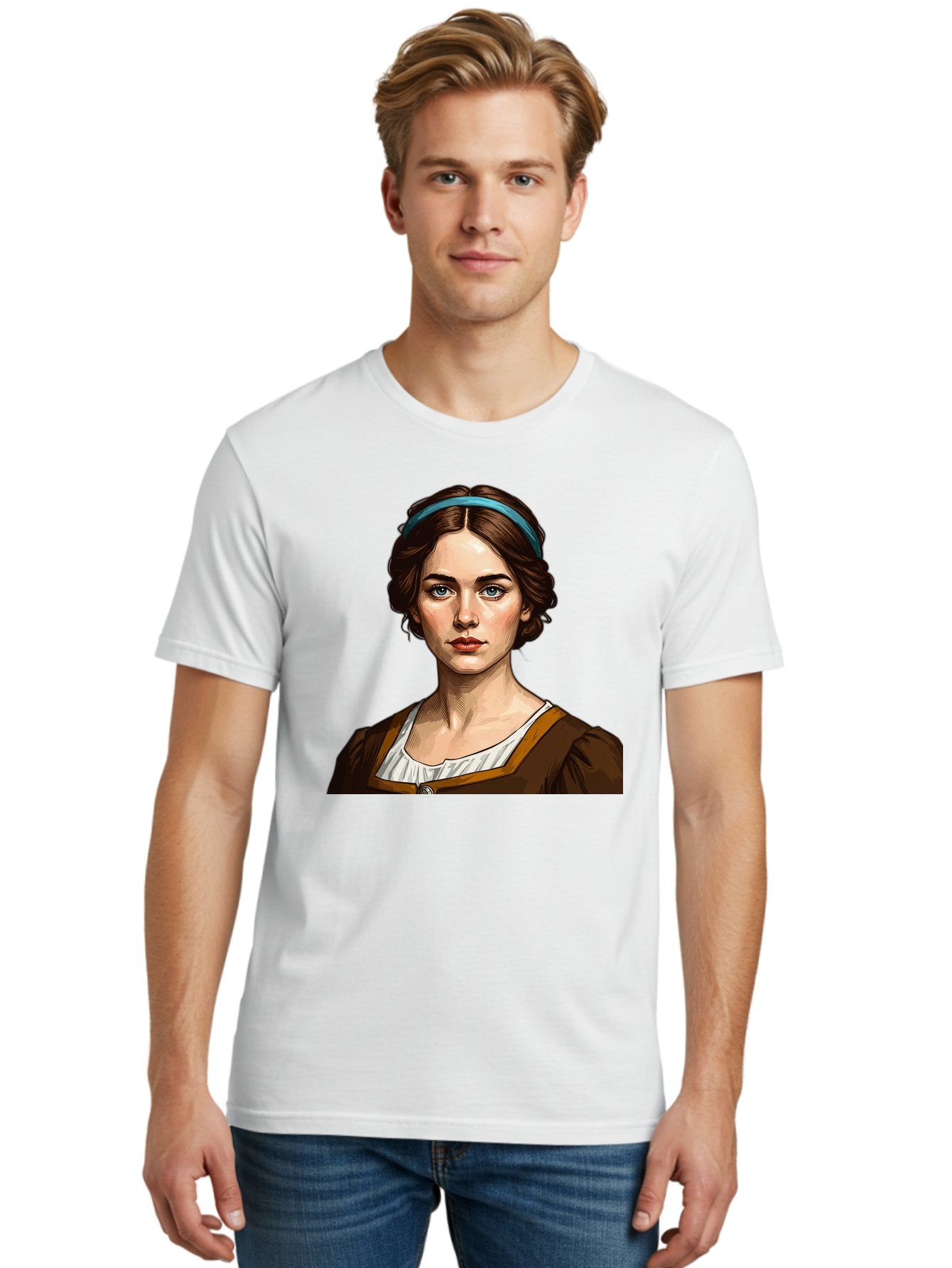 Young-Woman-Portrait-1 Men'S Graphic Tee, 100% Cotton, Comfortable Casual Summer Wear, Machine Washable, Young Woman Portrait, Blue Eyes, Brown Hair, Blue Headband, Brown Dress, White Collar, Renaissance-Inspired Art, Digital Illustration, Bad945 21