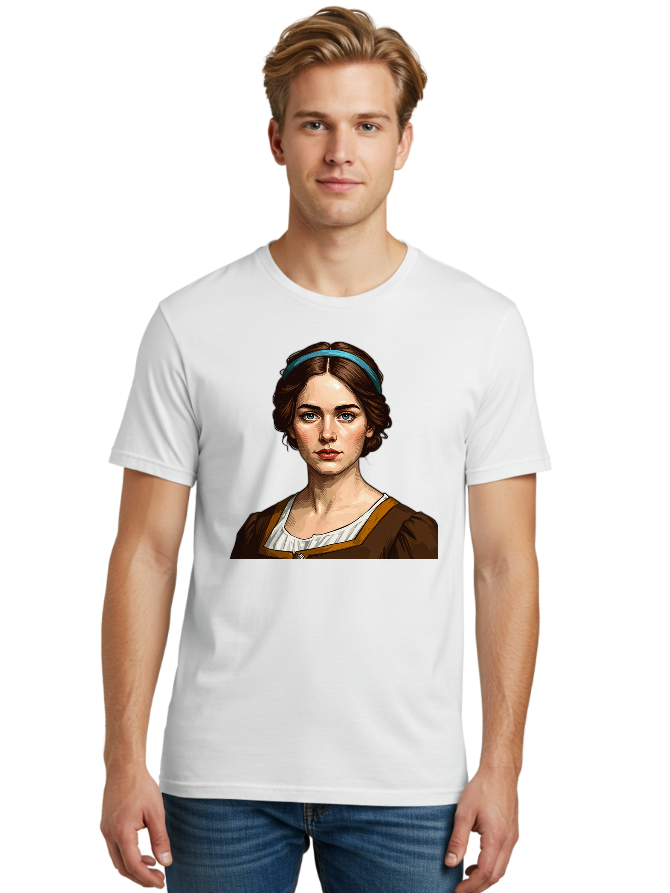 Young-Woman-Portrait-1 Men'S Graphic Tee, 100% Cotton, Comfortable Casual Summer Wear, Machine Washable, Young Woman Portrait, Blue Eyes, Brown Hair, Blue Headband, Brown Dress, White Collar, Renaissance-Inspired Art, Digital Illustration, Bad945 25