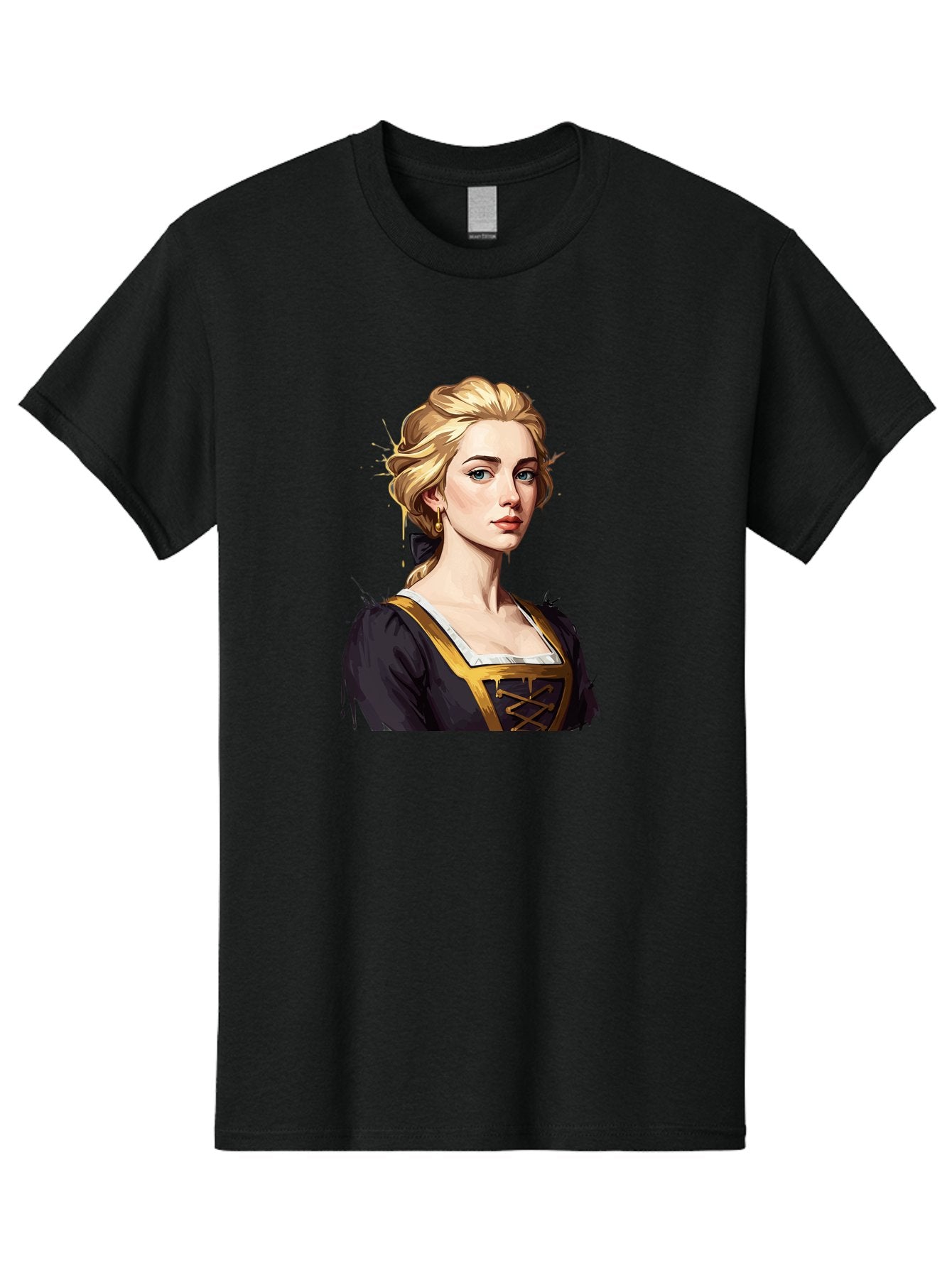 Young-Woman-Portrait Men'S Graphic Tee, 100% Cotton, Comfortable Casual Summer Wear, Machine Washable, Blonde Woman, Renaissance Portrait, Elegant Attire, Blue Eyes, Gold Accents, Medieval Fashion, Historical Figure, Realistic Portrait, Bad946 4