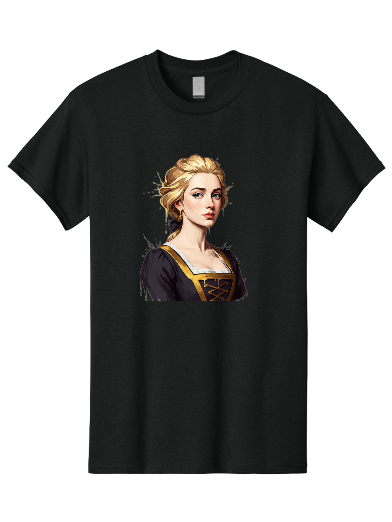 Young-Woman-Portrait Men'S Graphic Tee, 100% Cotton, Comfortable Casual Summer Wear, Machine Washable, Blonde Woman, Renaissance Portrait, Elegant Attire, Blue Eyes, Gold Accents, Medieval Fashion, Historical Figure, Realistic Portrait, Bad946 12