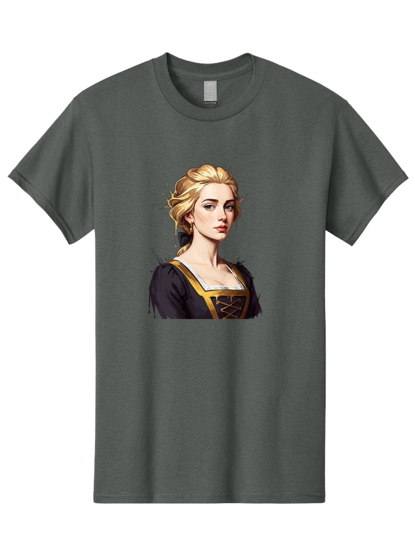 Young-Woman-Portrait Men'S Graphic Tee, 100% Cotton, Comfortable Casual Summer Wear, Machine Washable, Blonde Woman, Renaissance Portrait, Elegant Attire, Blue Eyes, Gold Accents, Medieval Fashion, Historical Figure, Realistic Portrait, Bad946 10