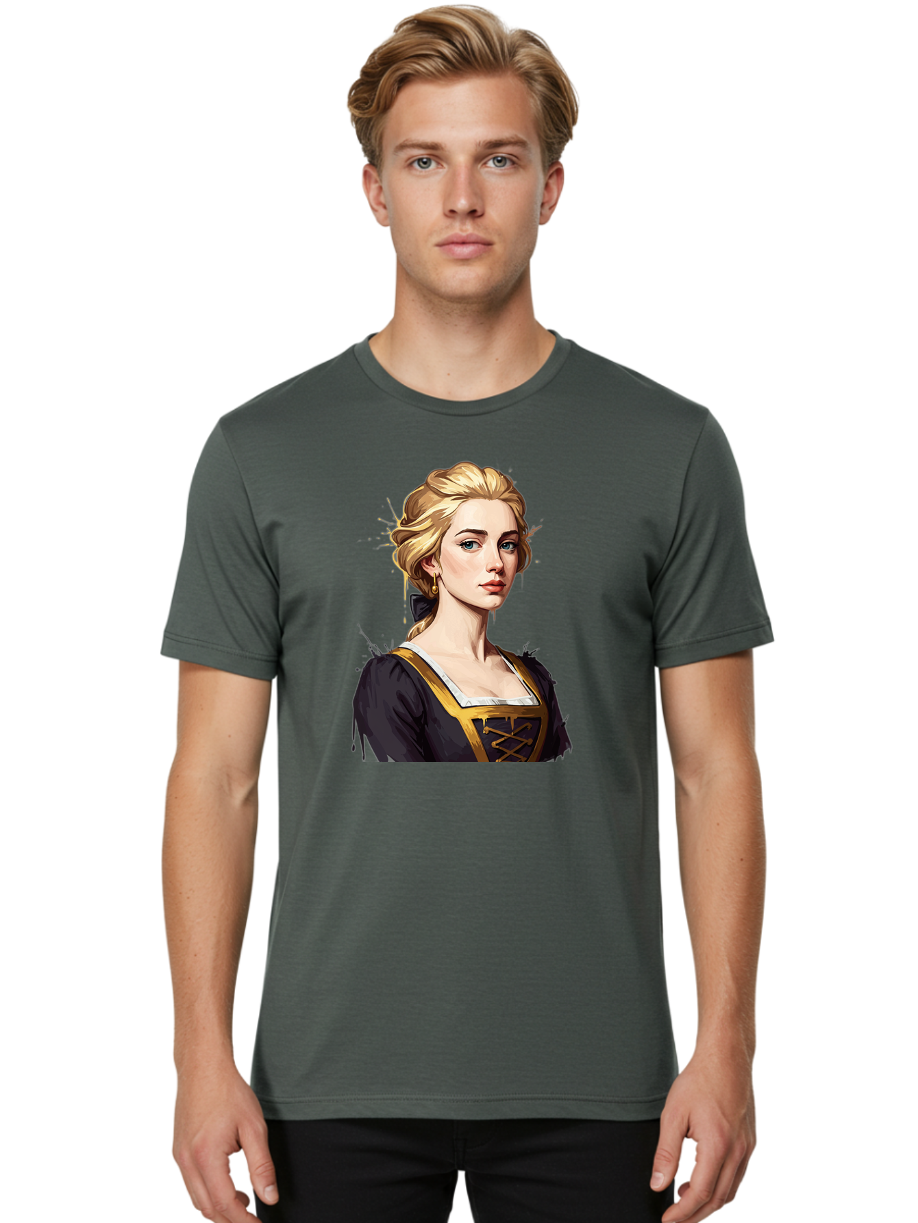 Young-Woman-Portrait Men'S Graphic Tee, 100% Cotton, Comfortable Casual Summer Wear, Machine Washable, Blonde Woman, Renaissance Portrait, Elegant Attire, Blue Eyes, Gold Accents, Medieval Fashion, Historical Figure, Realistic Portrait, Bad946 29