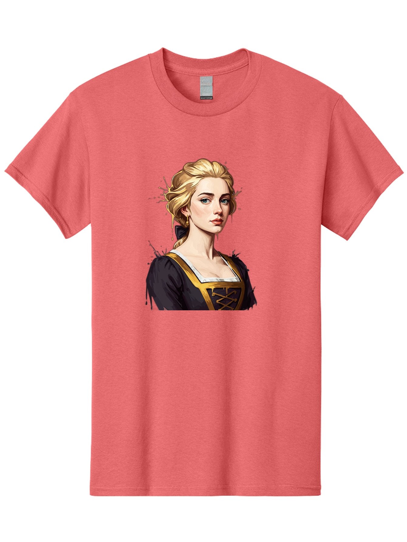 Young-Woman-Portrait Men'S Graphic Tee, 100% Cotton, Comfortable Casual Summer Wear, Machine Washable, Blonde Woman, Renaissance Portrait, Elegant Attire, Blue Eyes, Gold Accents, Medieval Fashion, Historical Figure, Realistic Portrait, Bad946 3