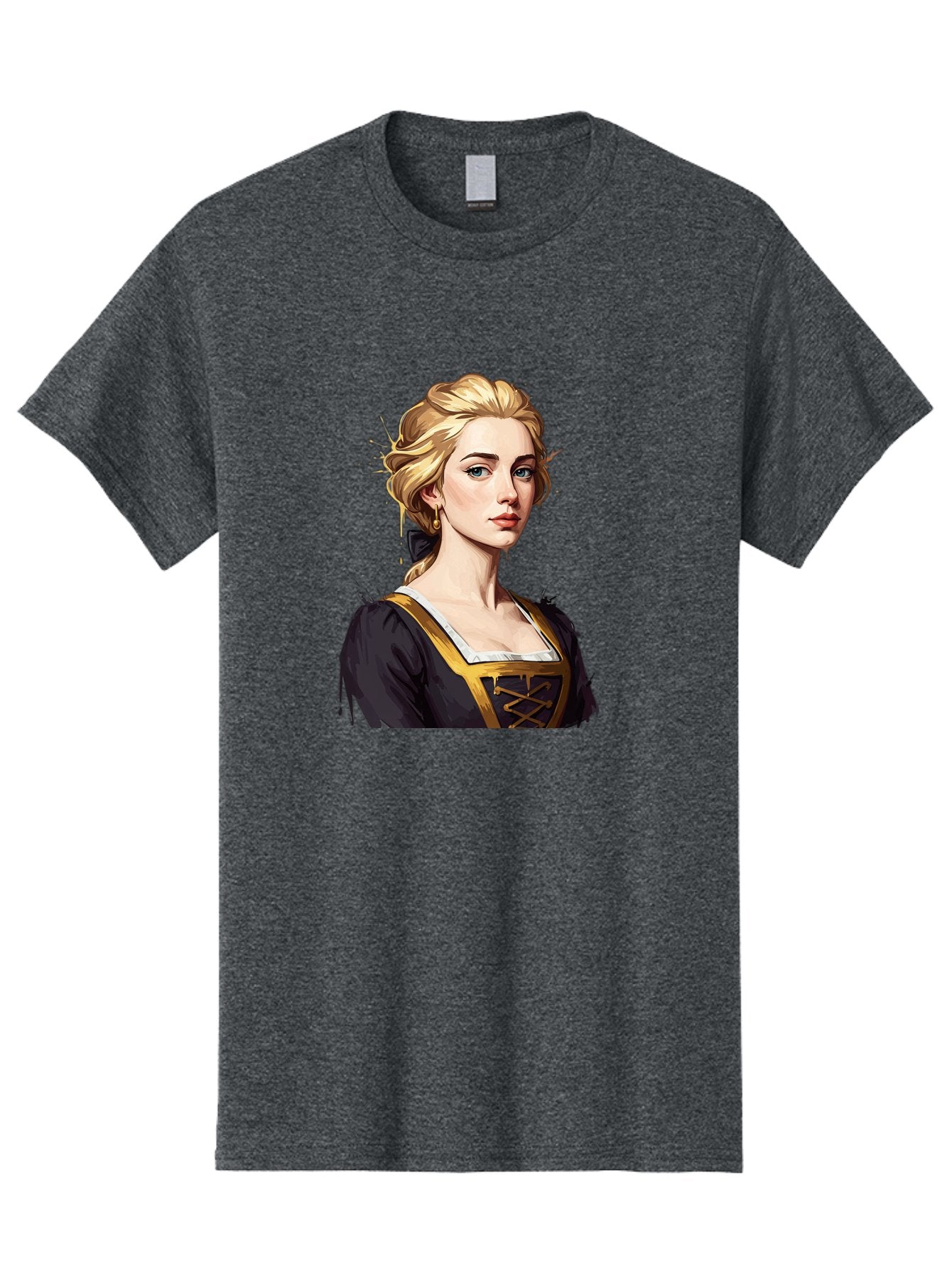 Young-Woman-Portrait Men'S Graphic Tee, 100% Cotton, Comfortable Casual Summer Wear, Machine Washable, Blonde Woman, Renaissance Portrait, Elegant Attire, Blue Eyes, Gold Accents, Medieval Fashion, Historical Figure, Realistic Portrait, Bad946
