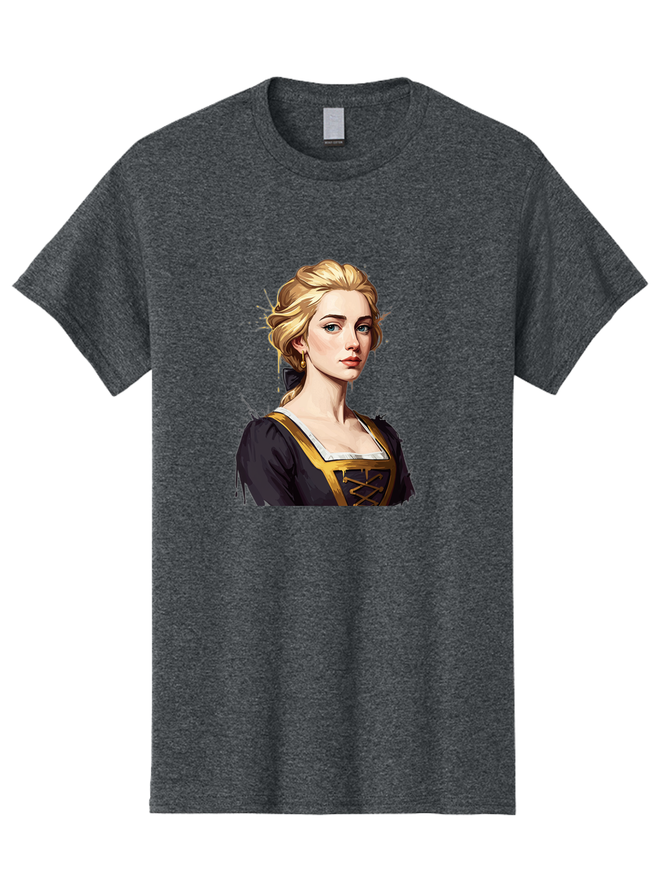 Young-Woman-Portrait Men'S Graphic Tee, 100% Cotton, Comfortable Casual Summer Wear, Machine Washable, Blonde Woman, Renaissance Portrait, Elegant Attire, Blue Eyes, Gold Accents, Medieval Fashion, Historical Figure, Realistic Portrait, Bad946 10