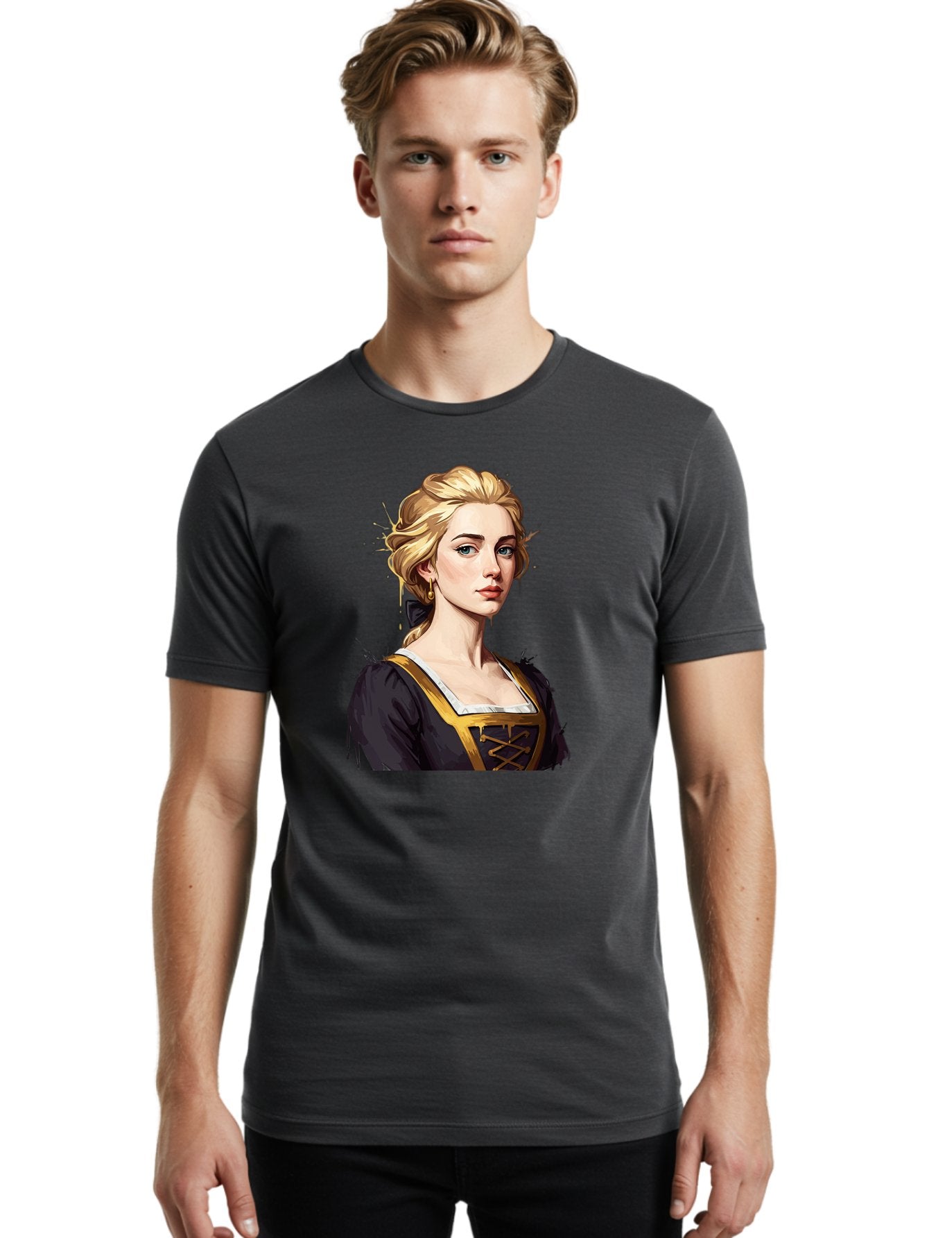 Young-Woman-Portrait Men'S Graphic Tee, 100% Cotton, Comfortable Casual Summer Wear, Machine Washable, Blonde Woman, Renaissance Portrait, Elegant Attire, Blue Eyes, Gold Accents, Medieval Fashion, Historical Figure, Realistic Portrait, Bad946 21