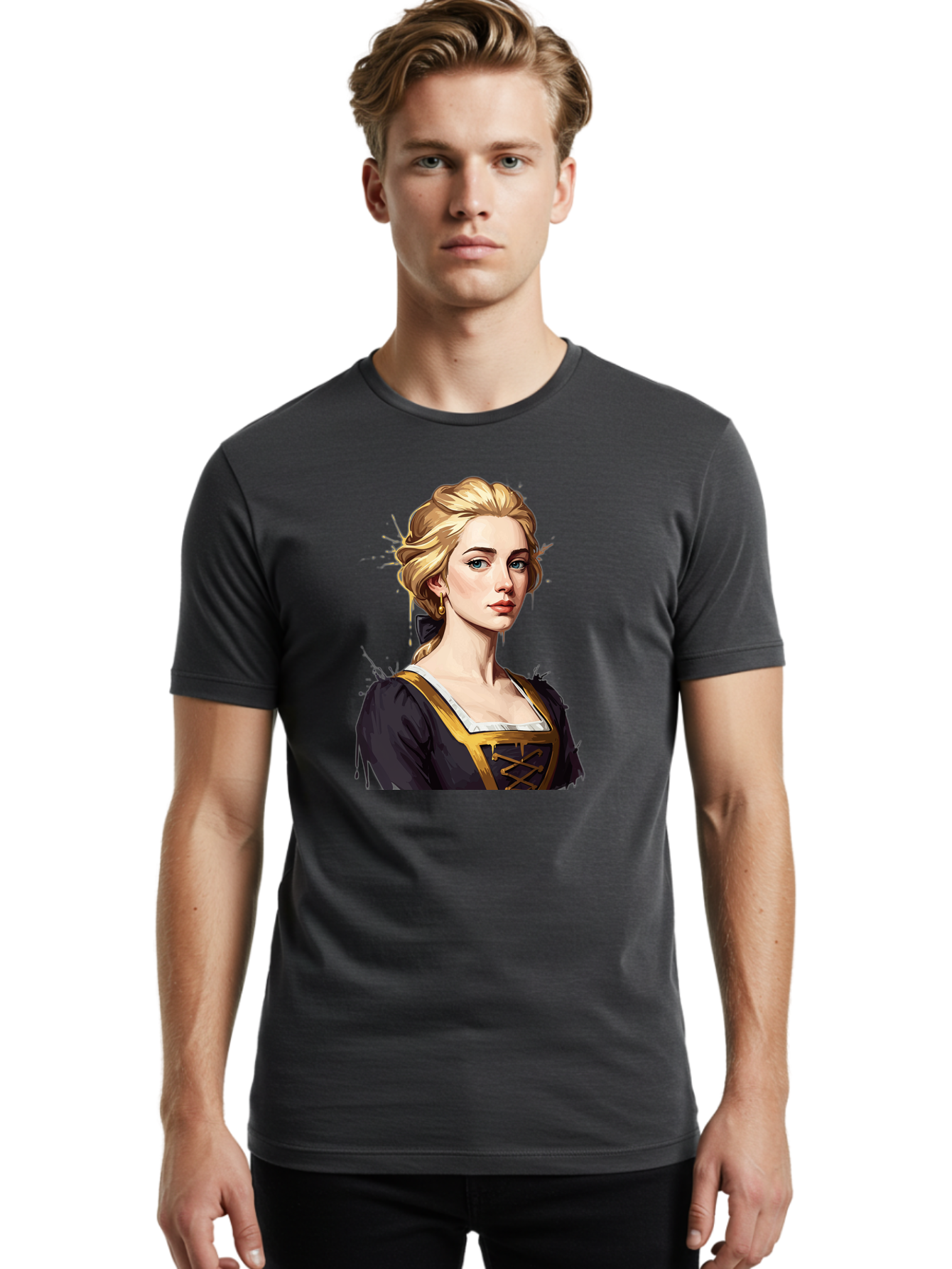 Young-Woman-Portrait Men'S Graphic Tee, 100% Cotton, Comfortable Casual Summer Wear, Machine Washable, Blonde Woman, Renaissance Portrait, Elegant Attire, Blue Eyes, Gold Accents, Medieval Fashion, Historical Figure, Realistic Portrait, Bad946 25