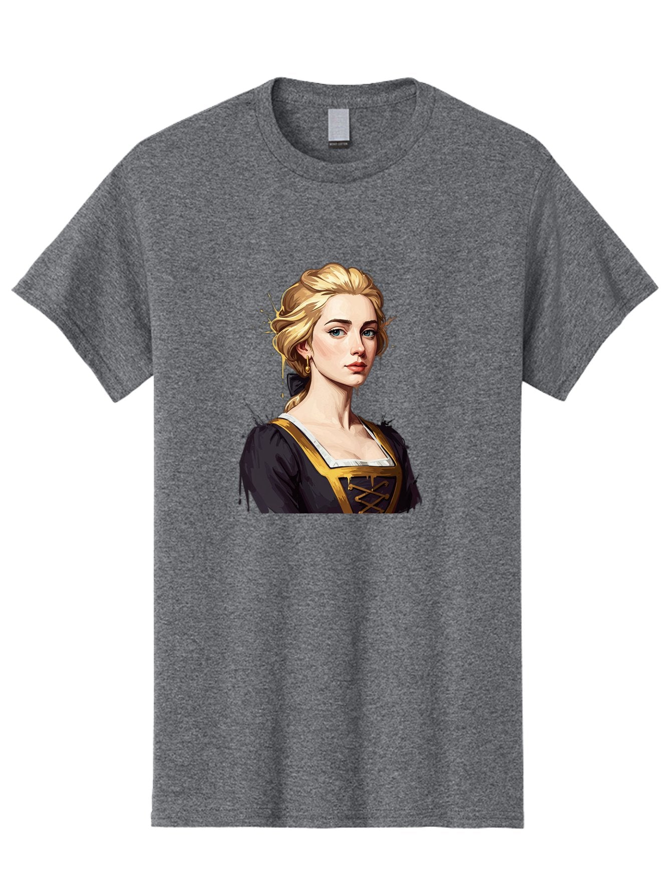 Young-Woman-Portrait Men'S Graphic Tee, 100% Cotton, Comfortable Casual Summer Wear, Machine Washable, Blonde Woman, Renaissance Portrait, Elegant Attire, Blue Eyes, Gold Accents, Medieval Fashion, Historical Figure, Realistic Portrait, Bad946 12