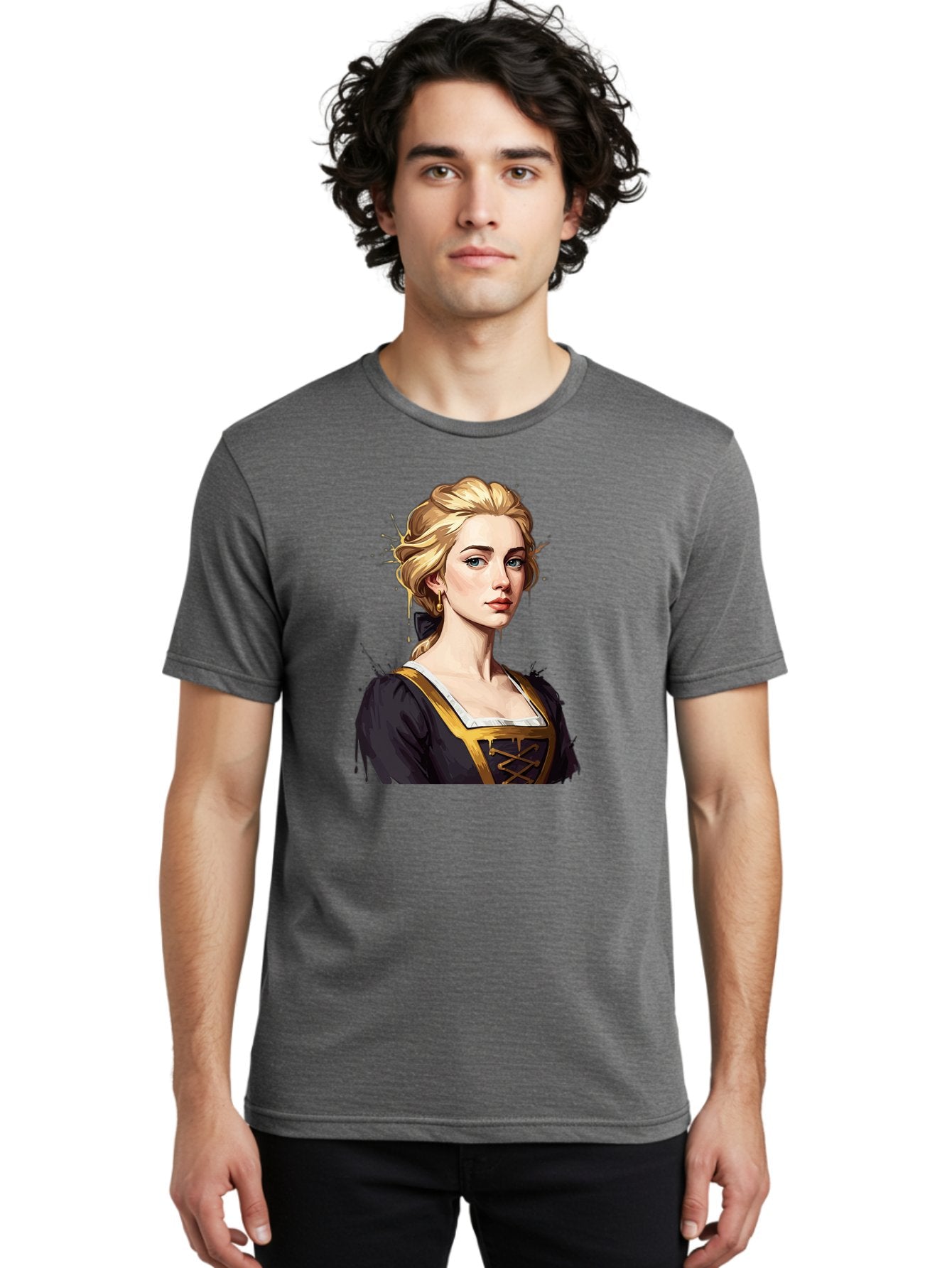 Young-Woman-Portrait Men'S Graphic Tee, 100% Cotton, Comfortable Casual Summer Wear, Machine Washable, Blonde Woman, Renaissance Portrait, Elegant Attire, Blue Eyes, Gold Accents, Medieval Fashion, Historical Figure, Realistic Portrait, Bad946 28