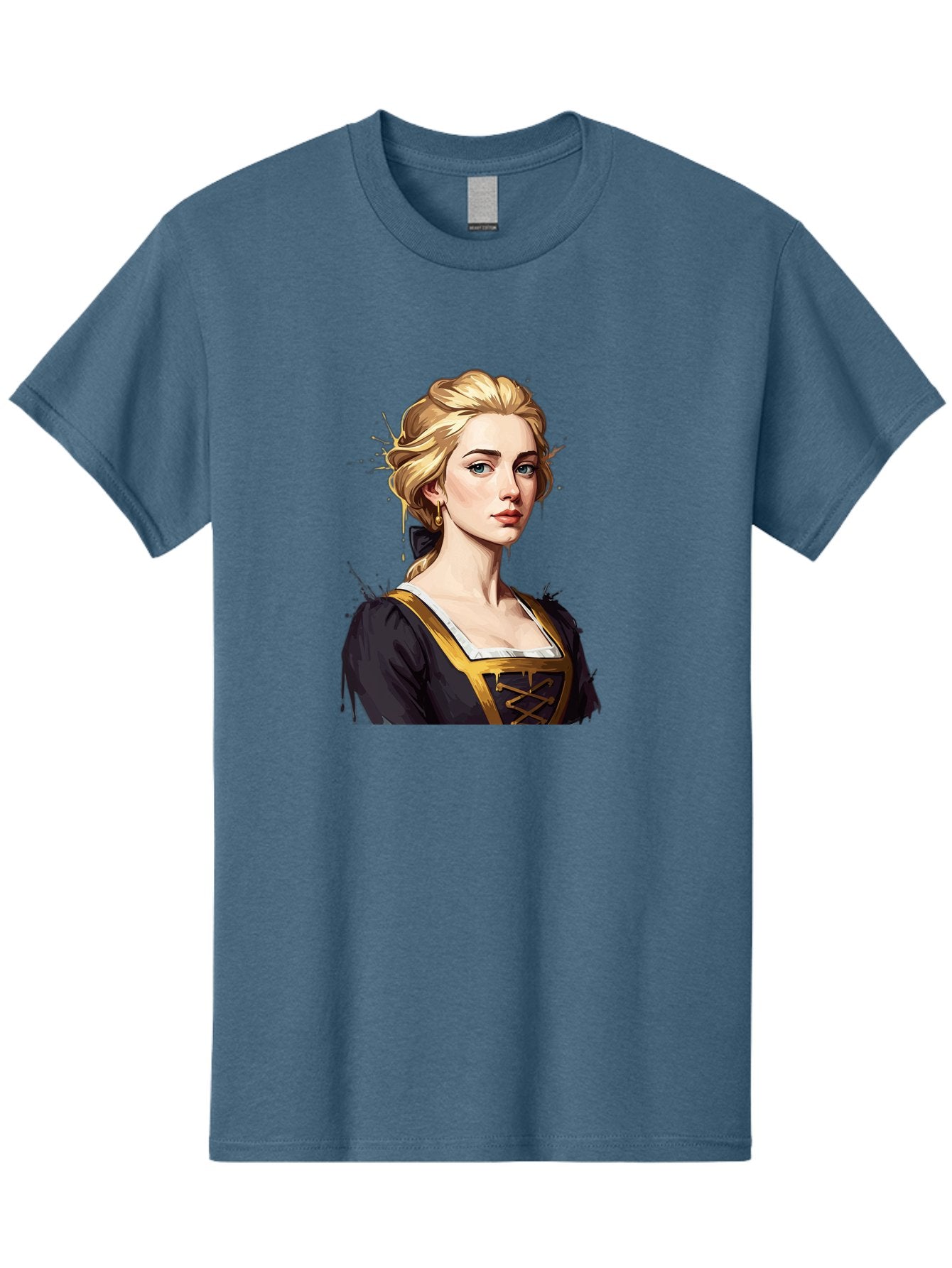 Young-Woman-Portrait Men'S Graphic Tee, 100% Cotton, Comfortable Casual Summer Wear, Machine Washable, Blonde Woman, Renaissance Portrait, Elegant Attire, Blue Eyes, Gold Accents, Medieval Fashion, Historical Figure, Realistic Portrait, Bad946 8