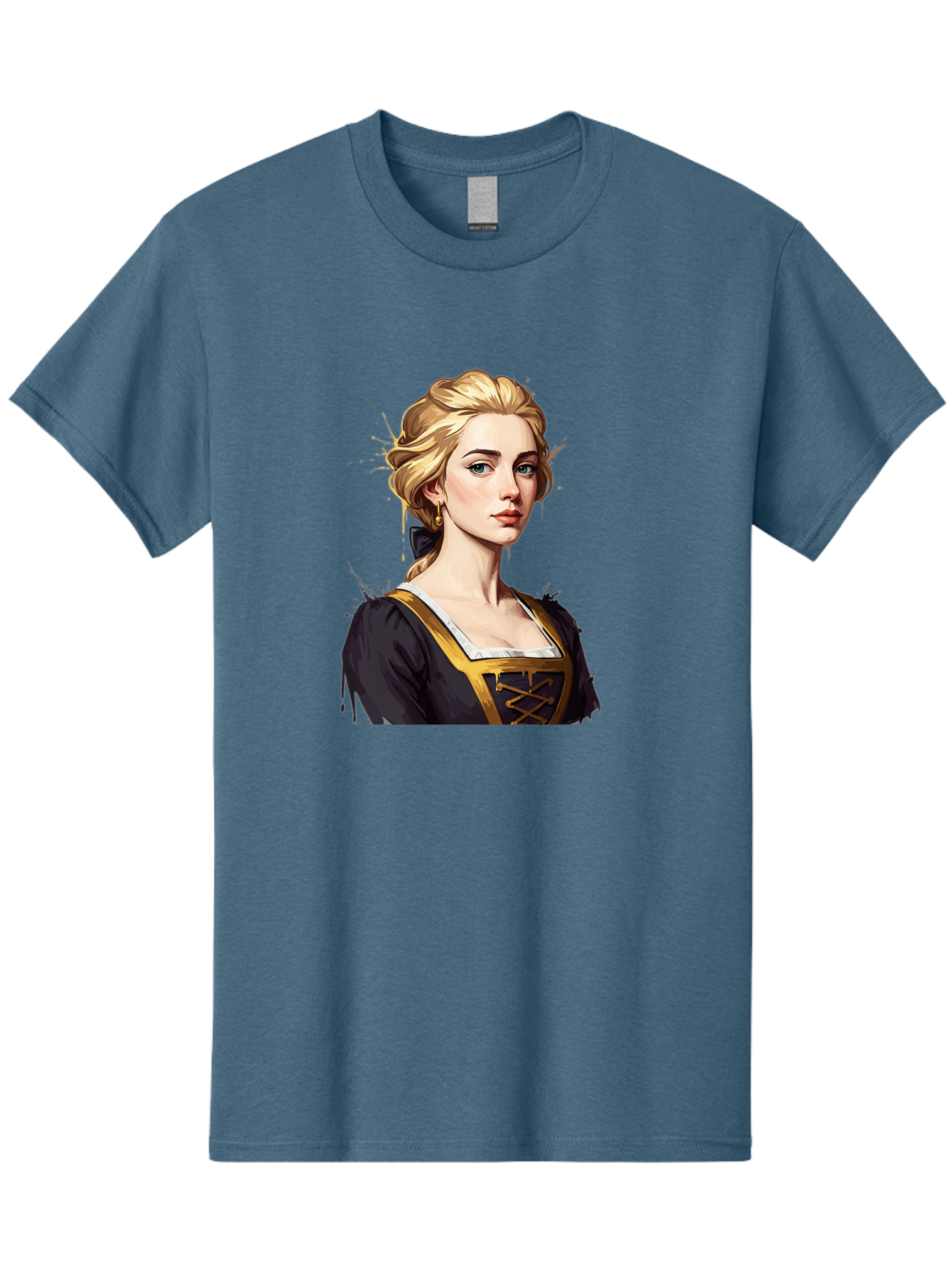 Young-Woman-Portrait Men'S Graphic Tee, 100% Cotton, Comfortable Casual Summer Wear, Machine Washable, Blonde Woman, Renaissance Portrait, Elegant Attire, Blue Eyes, Gold Accents, Medieval Fashion, Historical Figure, Realistic Portrait, Bad946 6