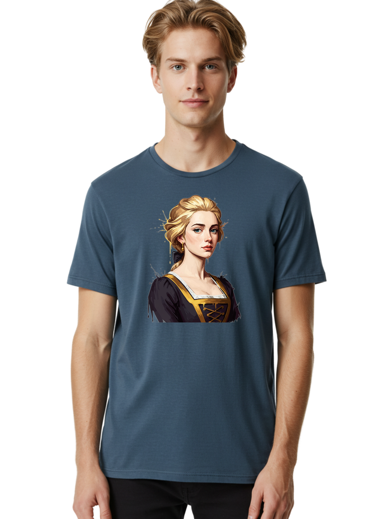 Young-Woman-Portrait Men'S Graphic Tee, 100% Cotton, Comfortable Casual Summer Wear, Machine Washable, Blonde Woman, Renaissance Portrait, Elegant Attire, Blue Eyes, Gold Accents, Medieval Fashion, Historical Figure, Realistic Portrait, Bad946 21