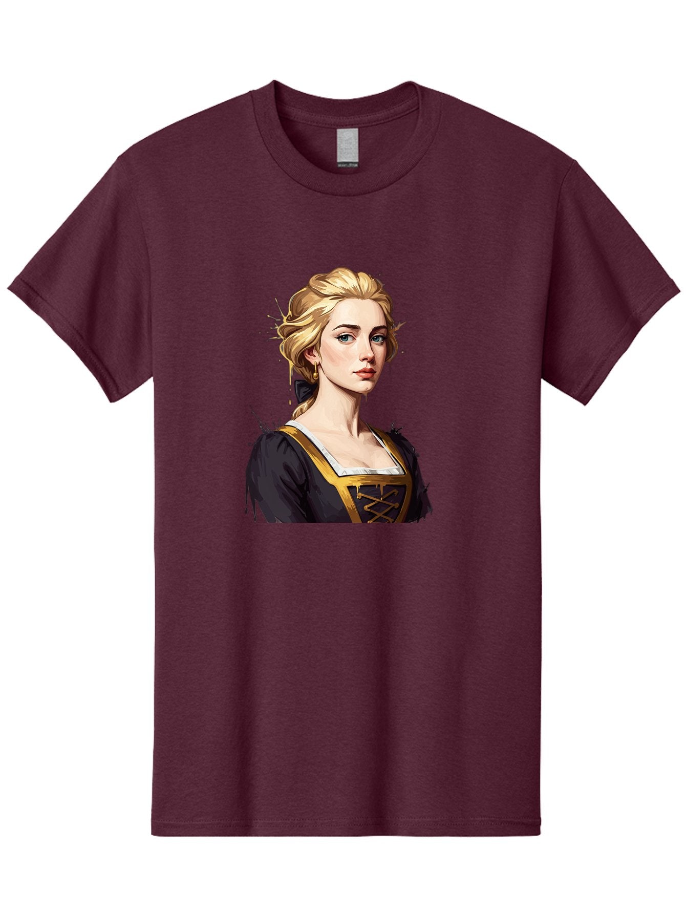 Young-Woman-Portrait Men'S Graphic Tee, 100% Cotton, Comfortable Casual Summer Wear, Machine Washable, Blonde Woman, Renaissance Portrait, Elegant Attire, Blue Eyes, Gold Accents, Medieval Fashion, Historical Figure, Realistic Portrait, Bad946 9