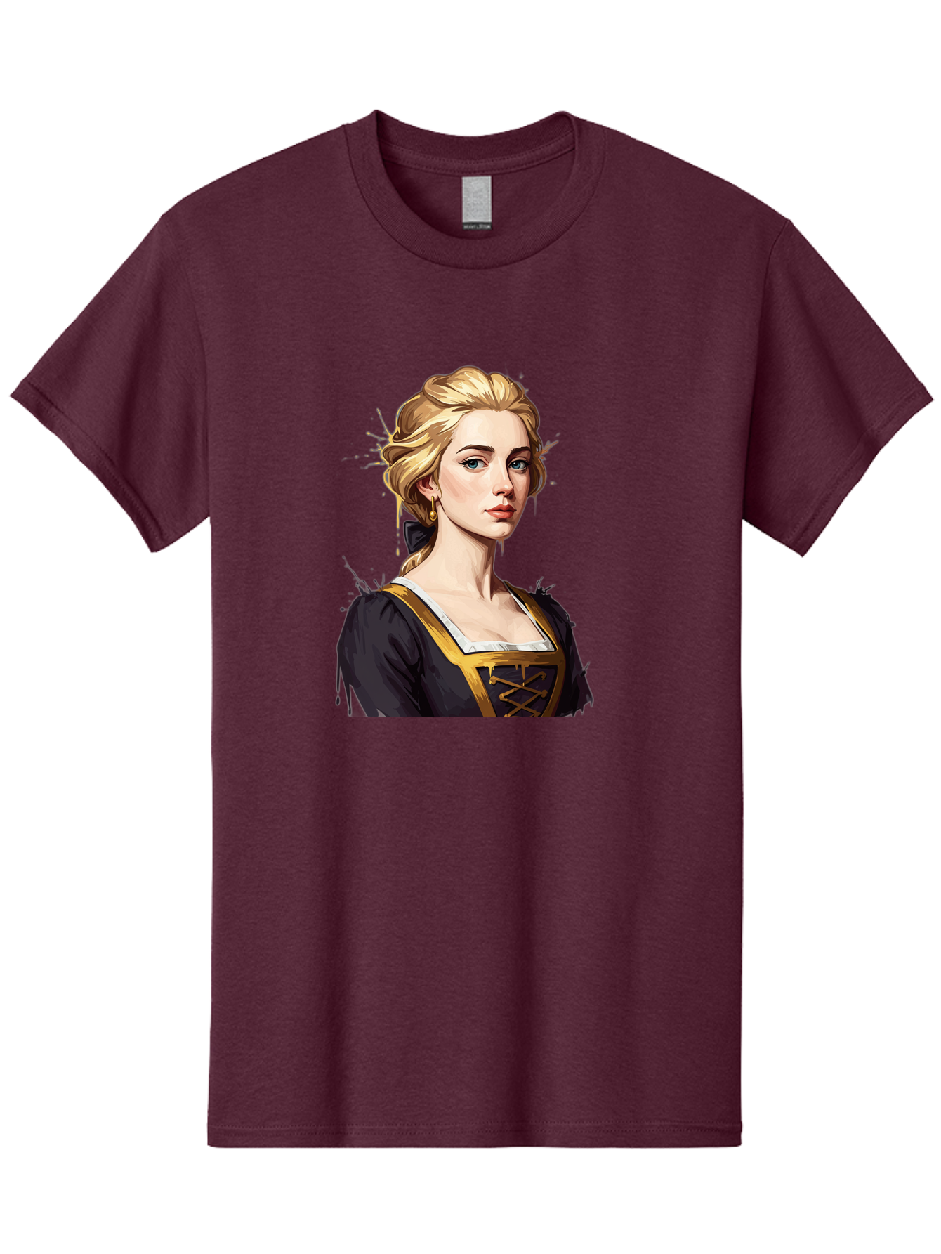 Young-Woman-Portrait Men'S Graphic Tee, 100% Cotton, Comfortable Casual Summer Wear, Machine Washable, Blonde Woman, Renaissance Portrait, Elegant Attire, Blue Eyes, Gold Accents, Medieval Fashion, Historical Figure, Realistic Portrait, Bad946 5