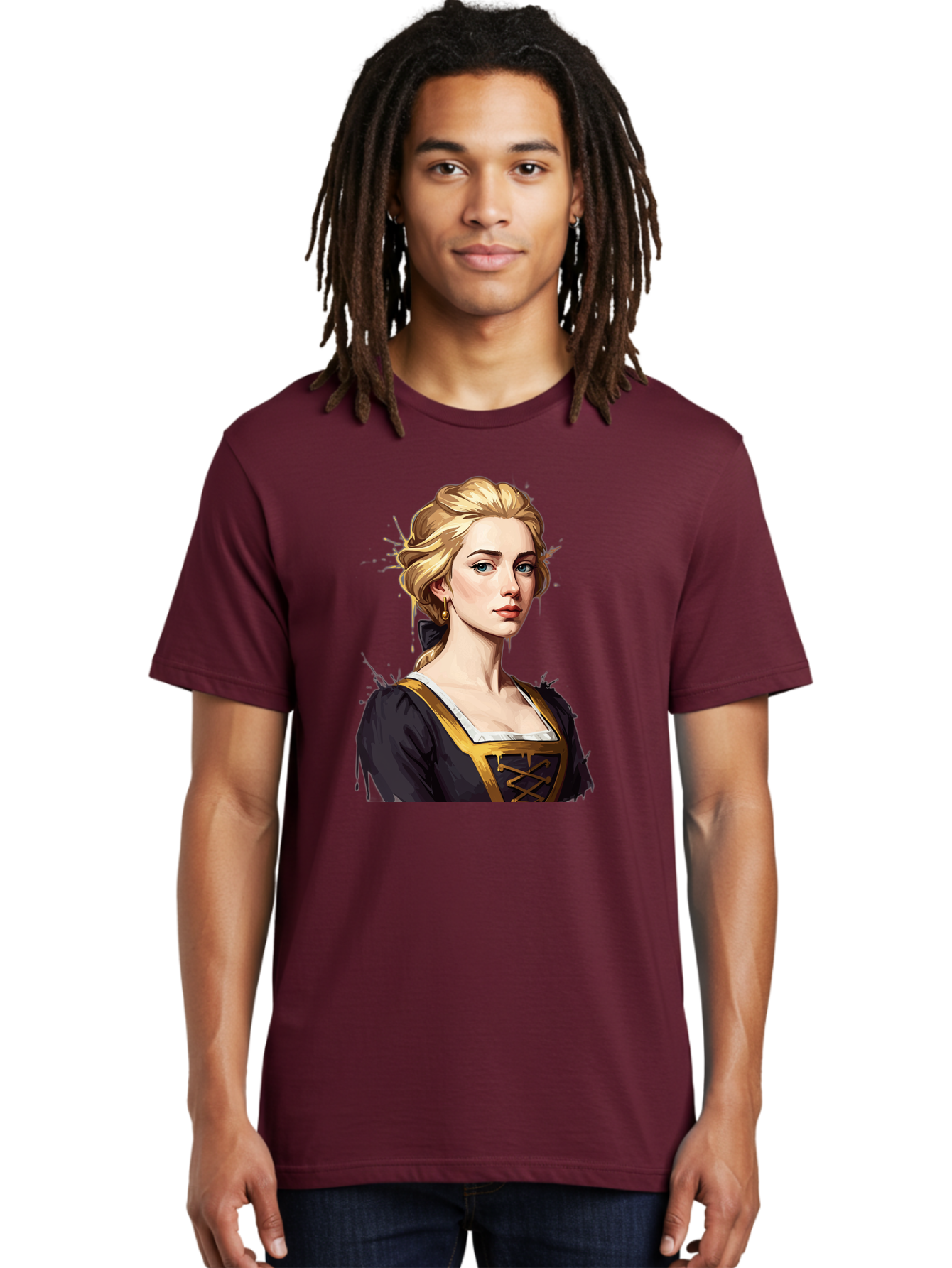 Young-Woman-Portrait Men'S Graphic Tee, 100% Cotton, Comfortable Casual Summer Wear, Machine Washable, Blonde Woman, Renaissance Portrait, Elegant Attire, Blue Eyes, Gold Accents, Medieval Fashion, Historical Figure, Realistic Portrait, Bad946 20