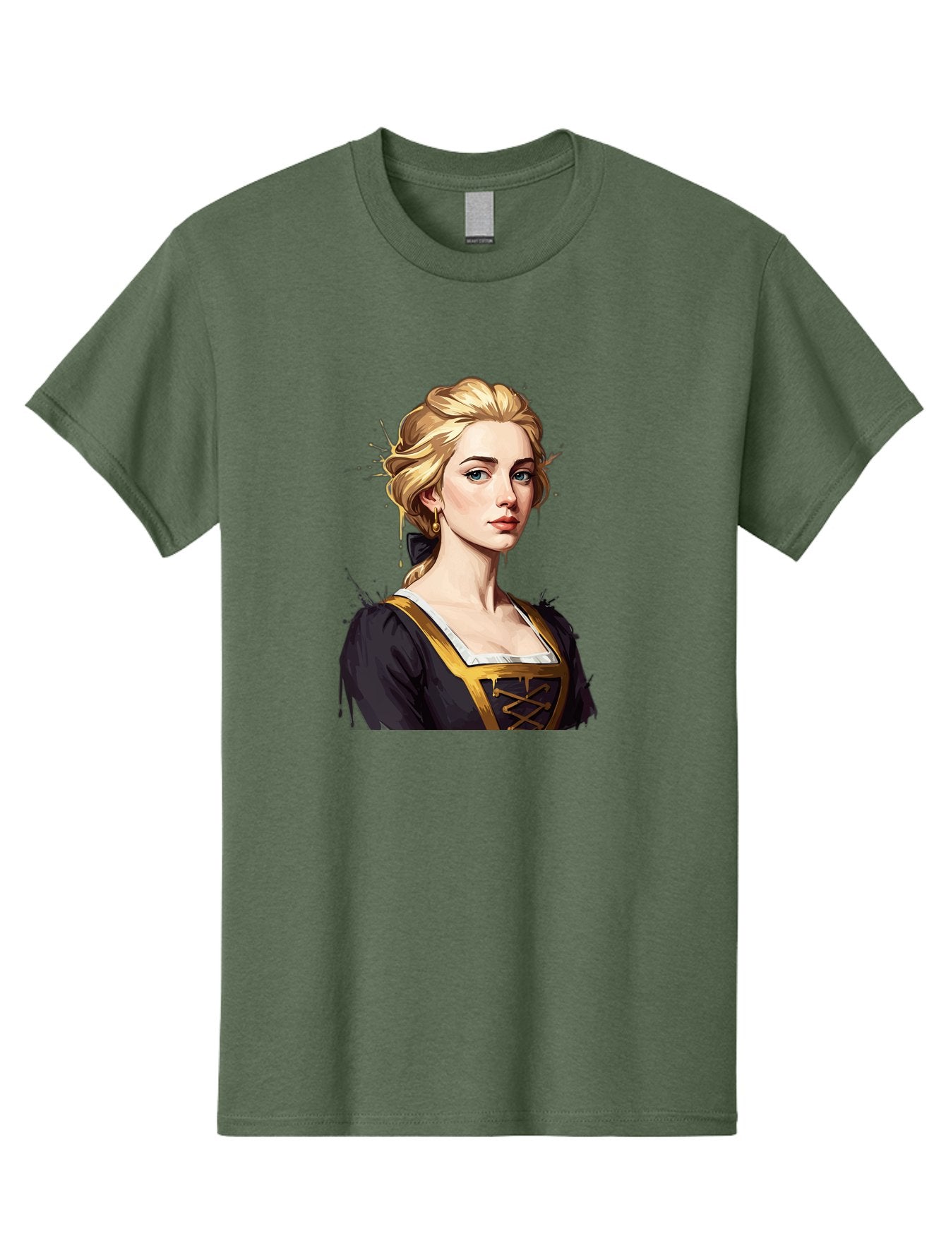 Young-Woman-Portrait Men'S Graphic Tee, 100% Cotton, Comfortable Casual Summer Wear, Machine Washable, Blonde Woman, Renaissance Portrait, Elegant Attire, Blue Eyes, Gold Accents, Medieval Fashion, Historical Figure, Realistic Portrait, Bad946 11