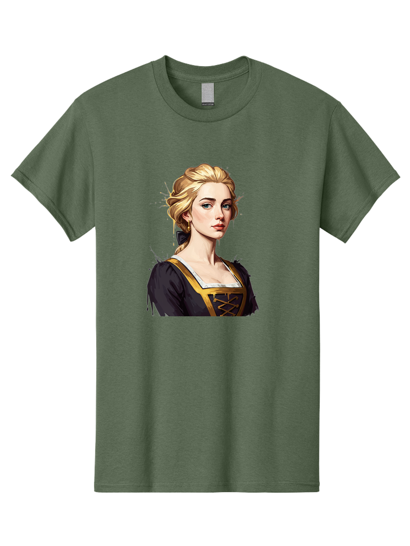 Young-Woman-Portrait Men'S Graphic Tee, 100% Cotton, Comfortable Casual Summer Wear, Machine Washable, Blonde Woman, Renaissance Portrait, Elegant Attire, Blue Eyes, Gold Accents, Medieval Fashion, Historical Figure, Realistic Portrait, Bad946 4