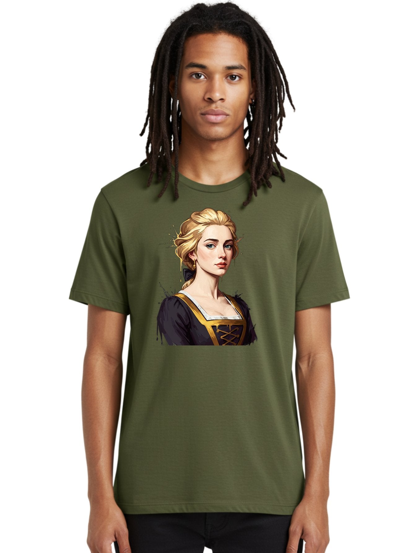 Young-Woman-Portrait Men'S Graphic Tee, 100% Cotton, Comfortable Casual Summer Wear, Machine Washable, Blonde Woman, Renaissance Portrait, Elegant Attire, Blue Eyes, Gold Accents, Medieval Fashion, Historical Figure, Realistic Portrait, Bad946 27