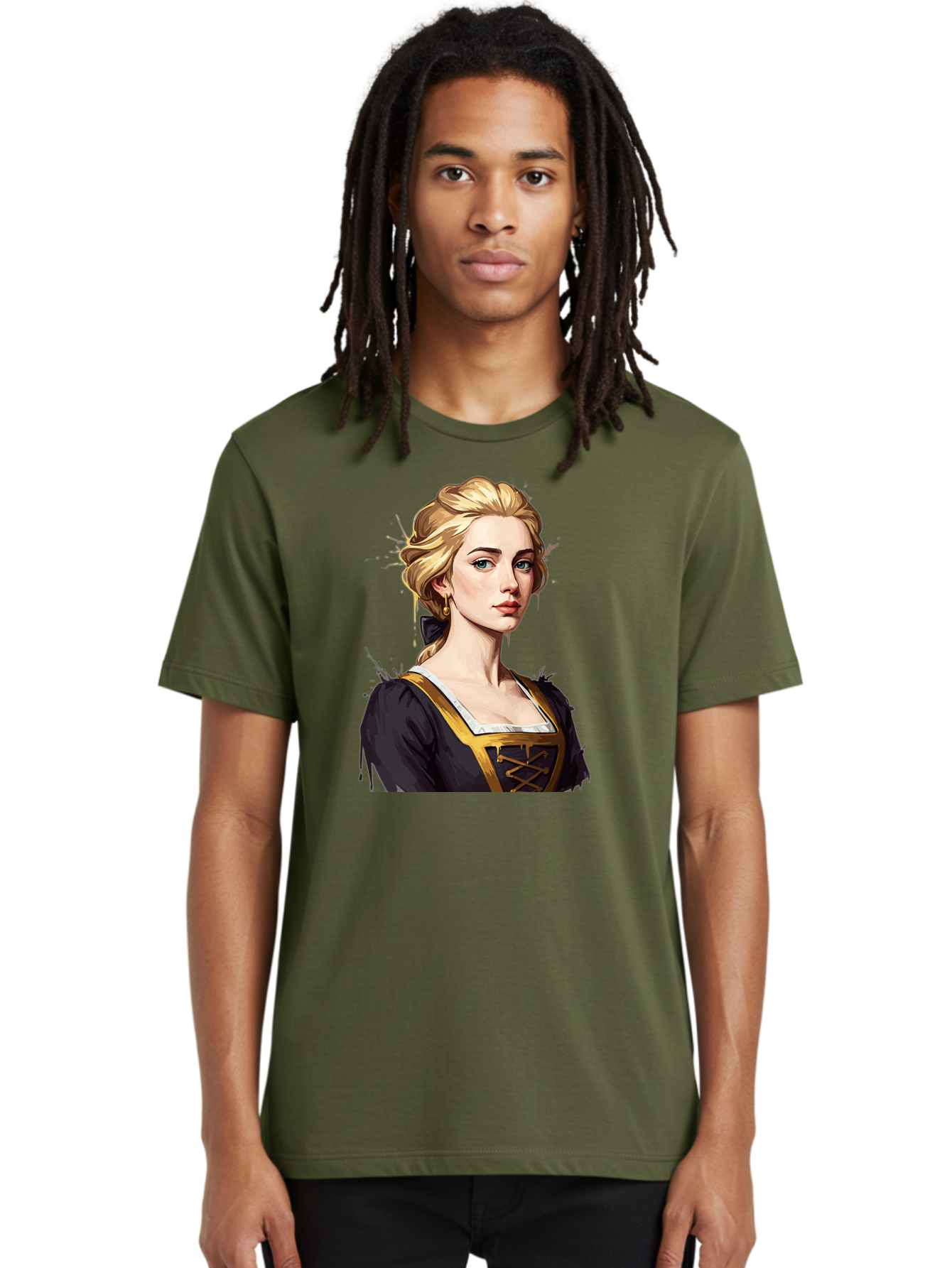 Young-Woman-Portrait Men'S Graphic Tee, 100% Cotton, Comfortable Casual Summer Wear, Machine Washable, Blonde Woman, Renaissance Portrait, Elegant Attire, Blue Eyes, Gold Accents, Medieval Fashion, Historical Figure, Realistic Portrait, Bad946 19