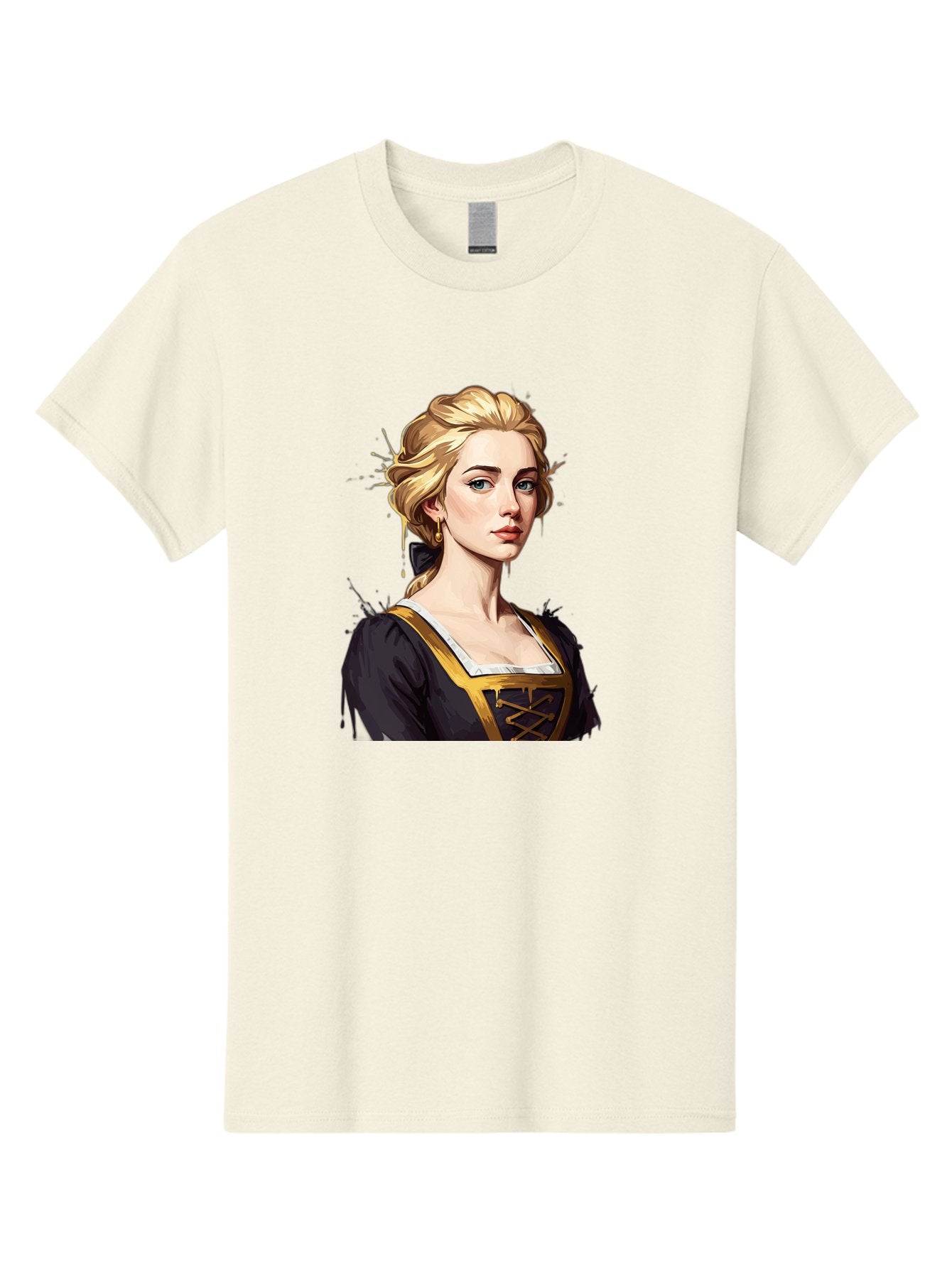 Young-Woman-Portrait Men'S Graphic Tee, 100% Cotton, Comfortable Casual Summer Wear, Machine Washable, Blonde Woman, Renaissance Portrait, Elegant Attire, Blue Eyes, Gold Accents, Medieval Fashion, Historical Figure, Realistic Portrait, Bad946 14